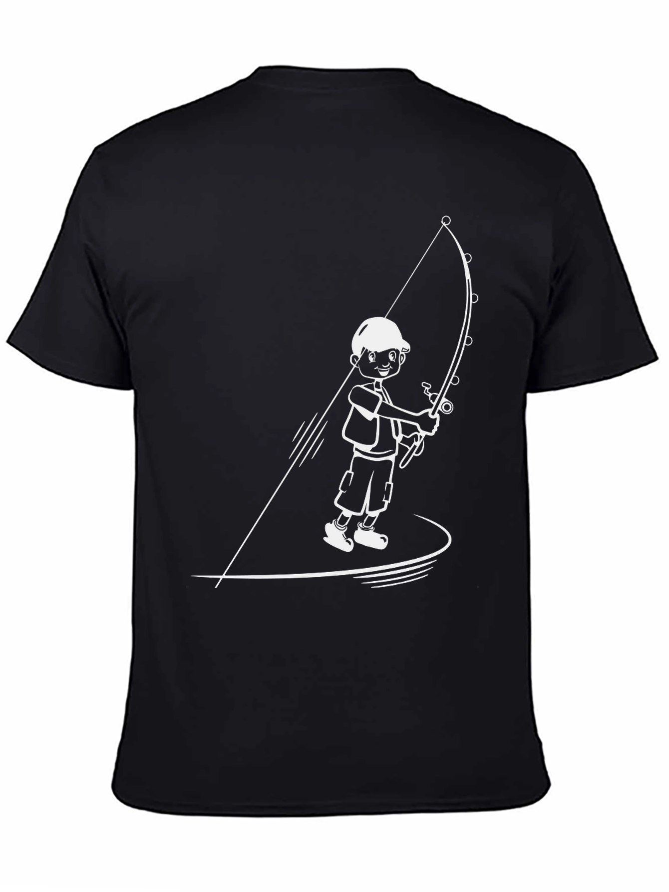 Fishing Boy Graphic Tee - Black Cotton T-Shirt