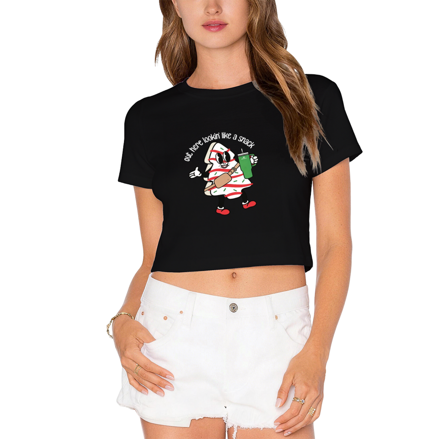 Funny Christmas Snack Cake Character Graphic Crop Top