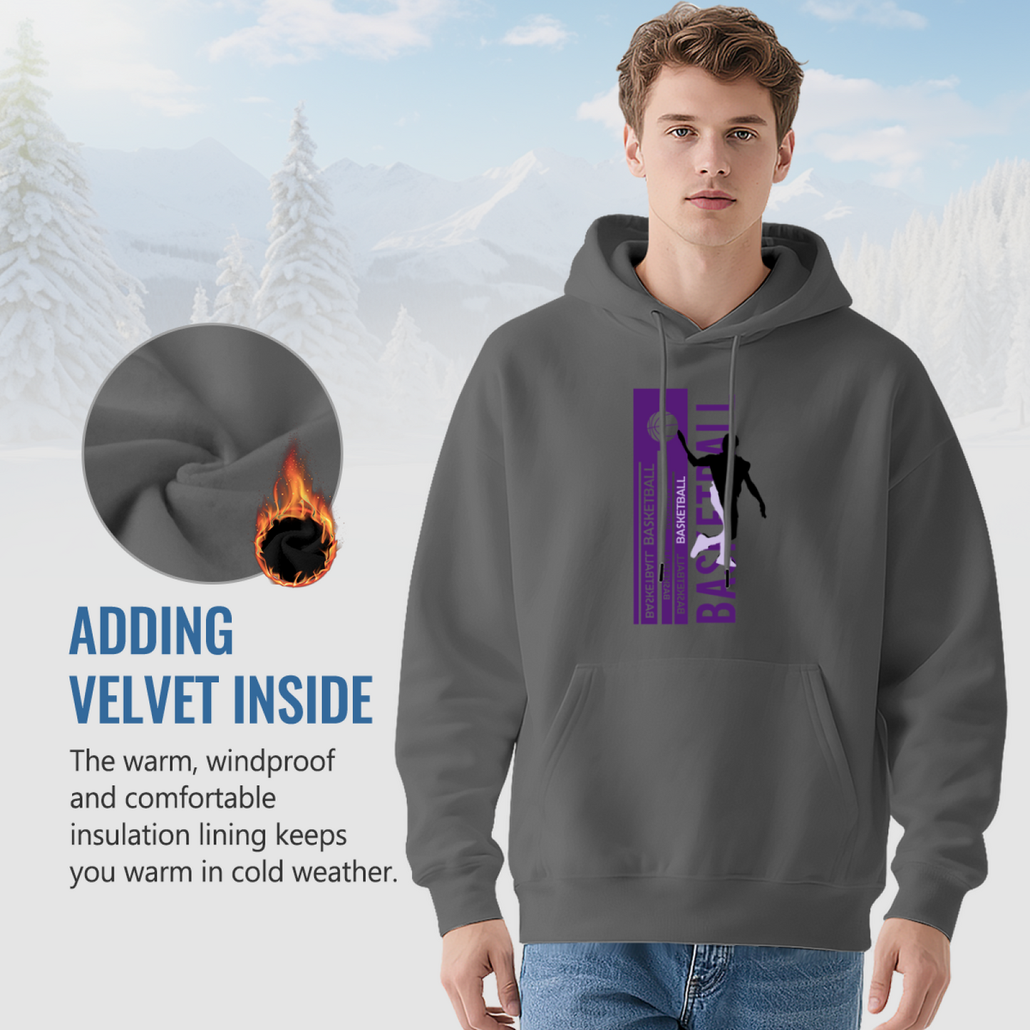 Vertical Purple Basketball Gray Hoodie, Men Sporty Loose Cozy Sweatshirt