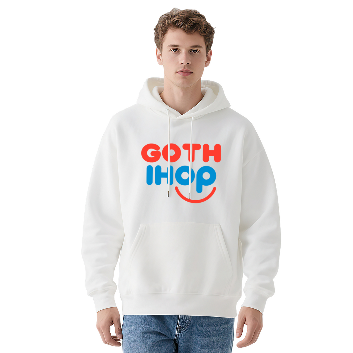 Retro GOTH IHOP Smile Colorful Print Hoodie, Men Daily Comfort Hooded Top