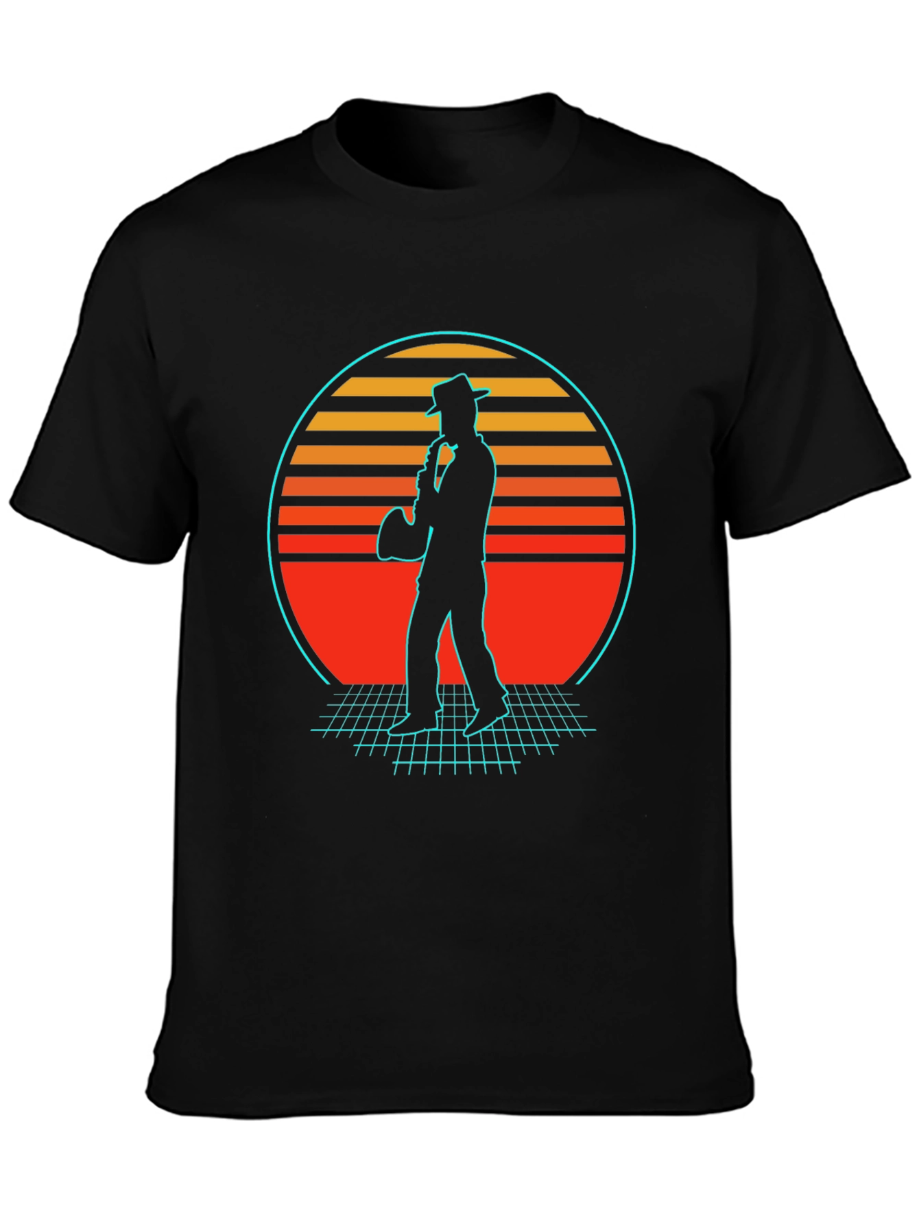 Retro Sax Player T-Shirt - Black Cotton Blend
