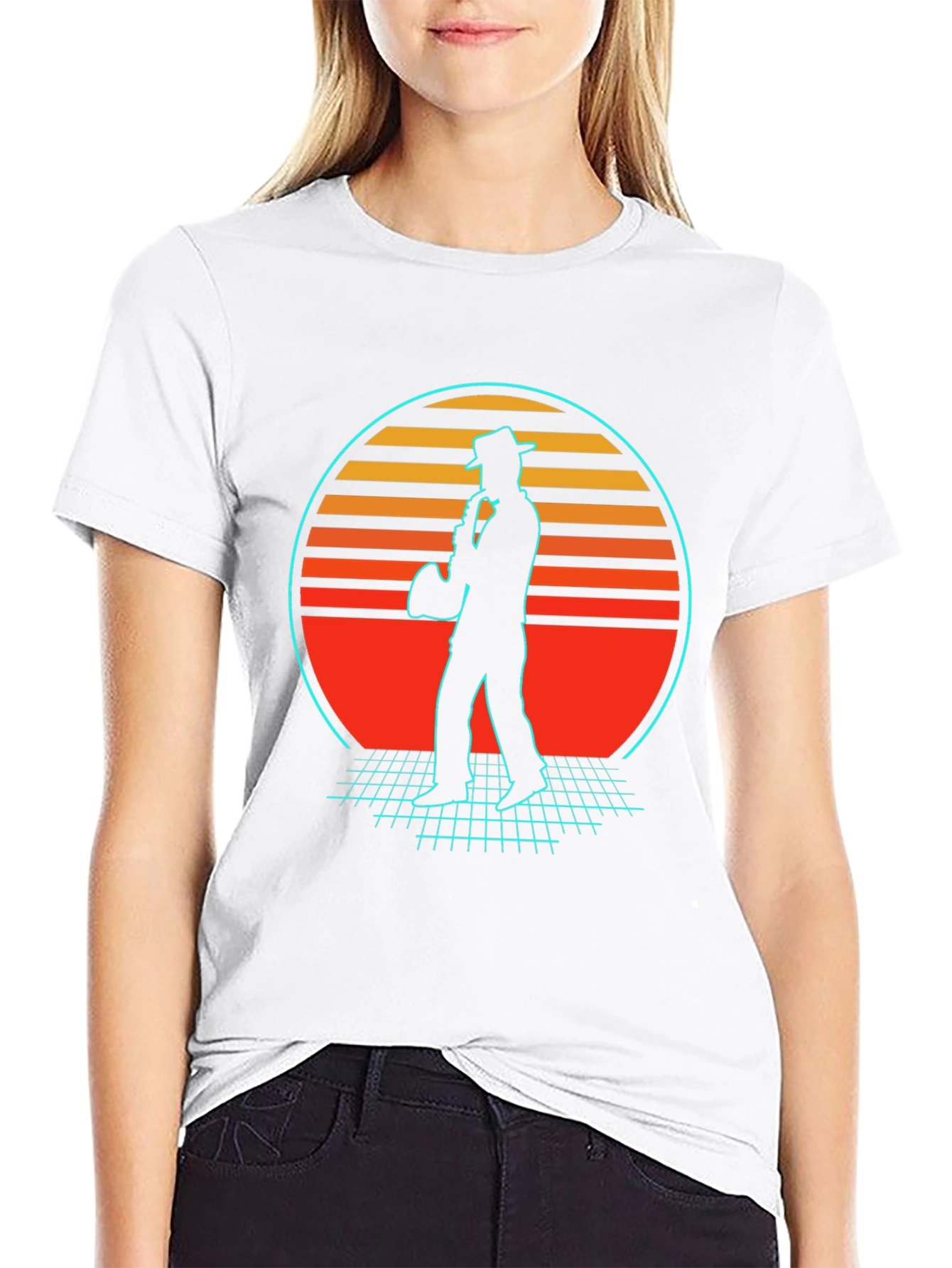 Retro Sax Player T-Shirt - Black Cotton Blend