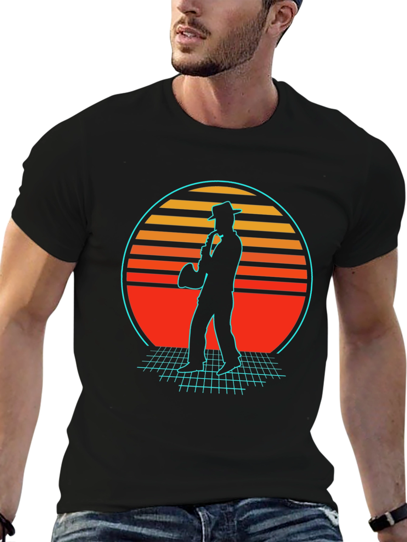 Retro Sax Player T-Shirt - Black Cotton Blend