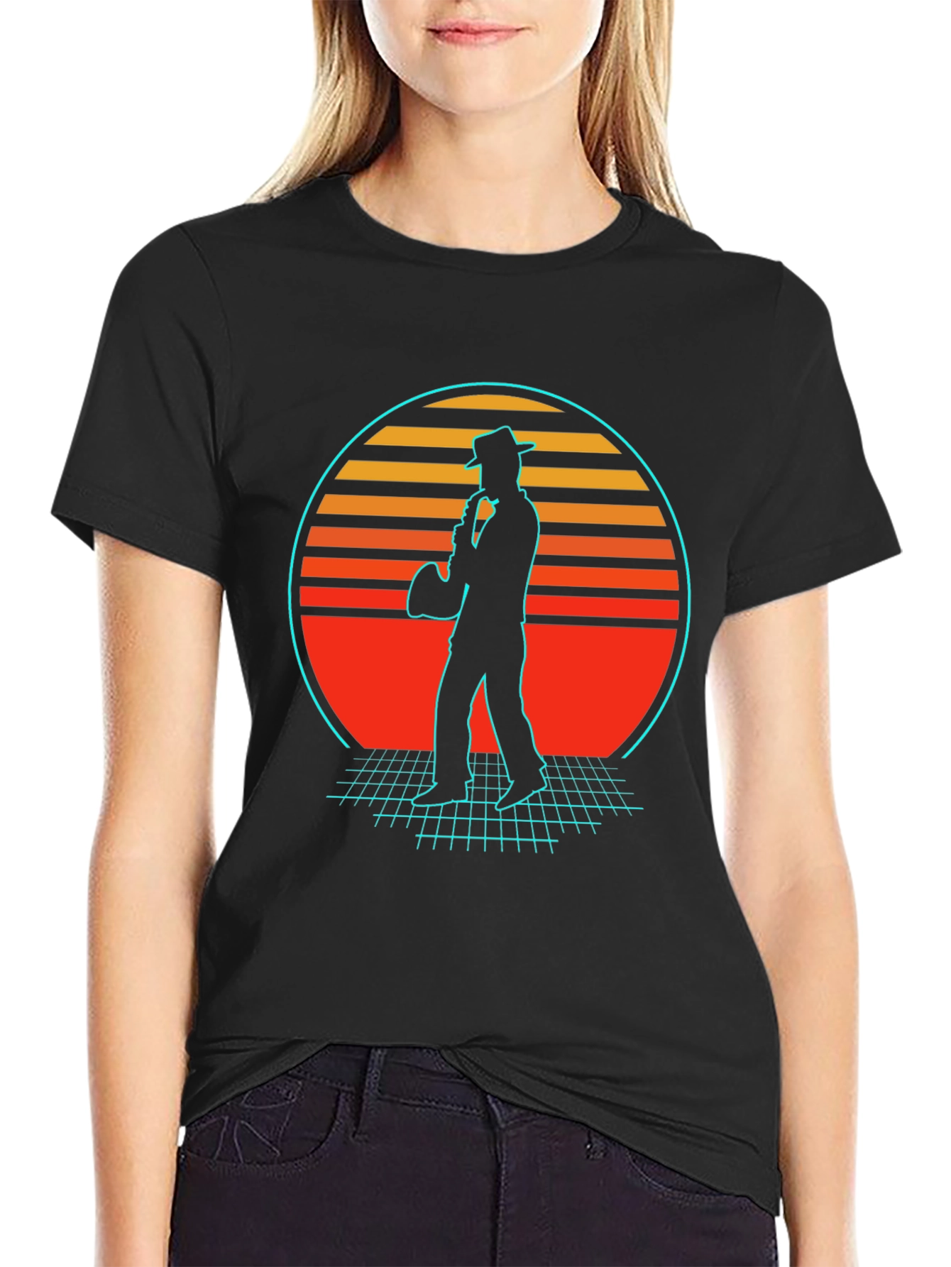 Retro Sax Player T-Shirt - Black Cotton Blend