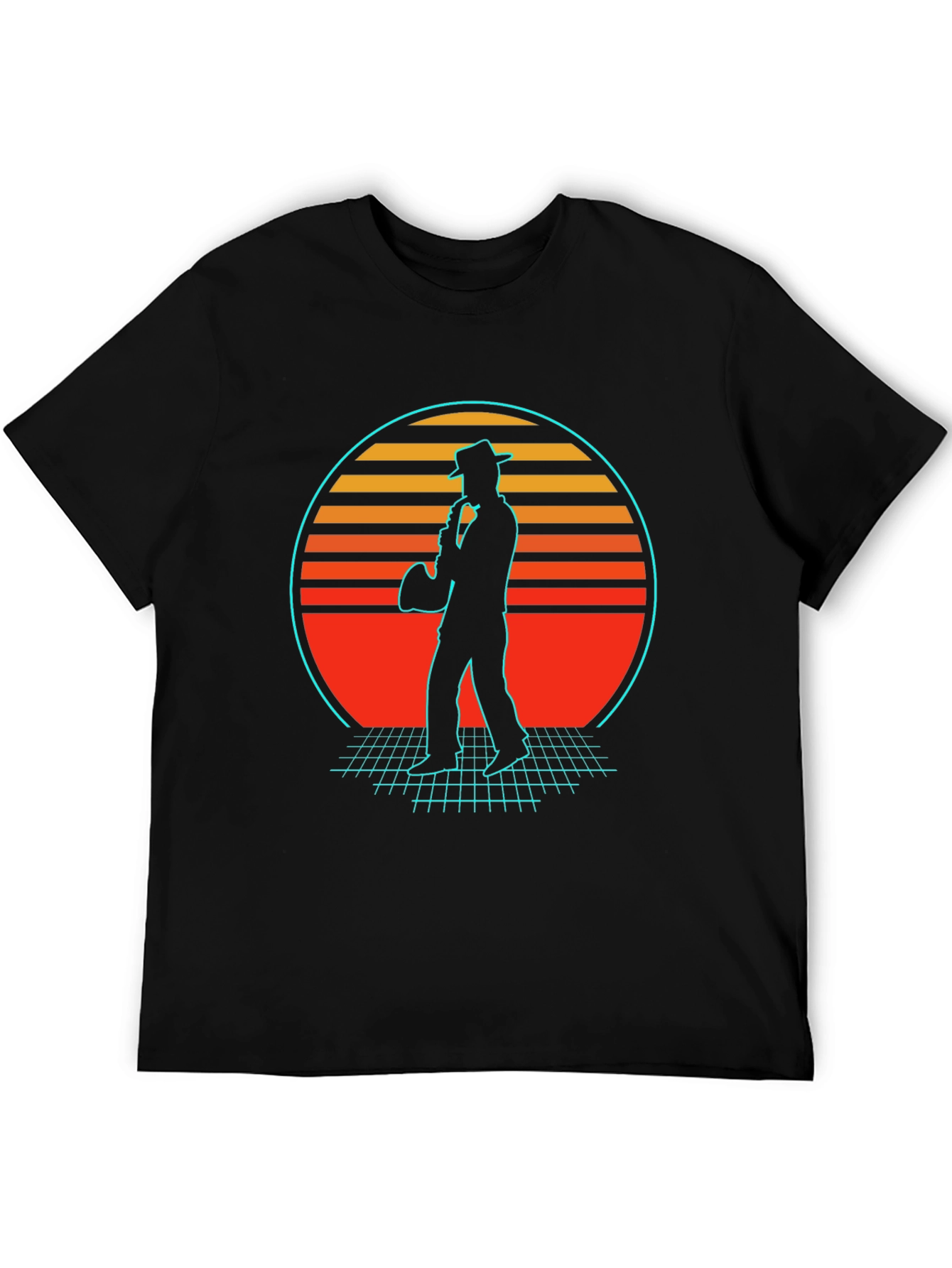 Retro Sax Player T-Shirt - Black Cotton Blend