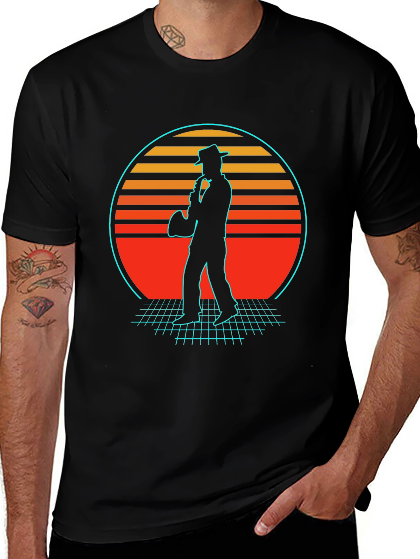 Retro Sax Player T-Shirt - Black Cotton Blend