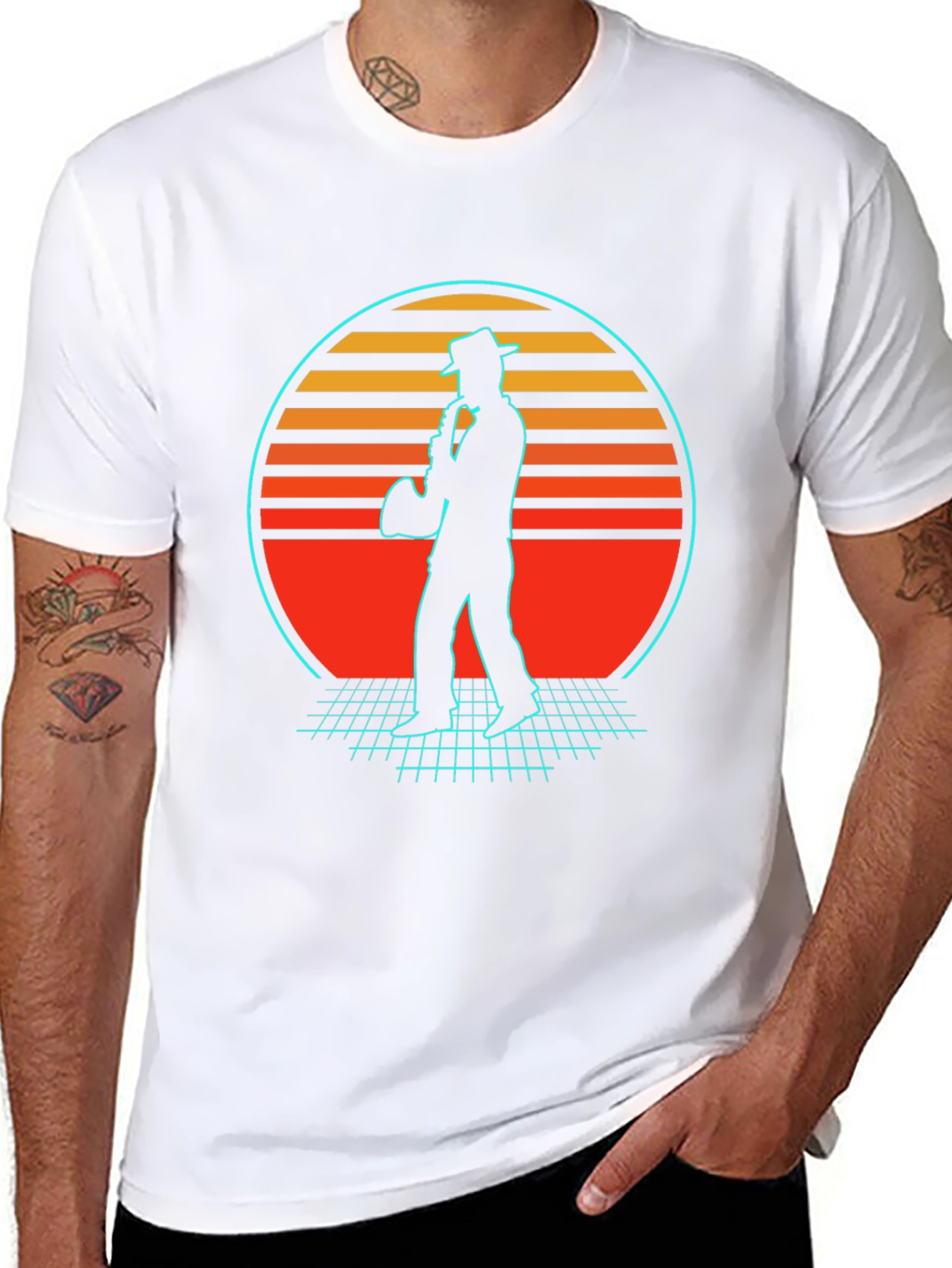 Retro Sax Player T-Shirt - Black Cotton Blend