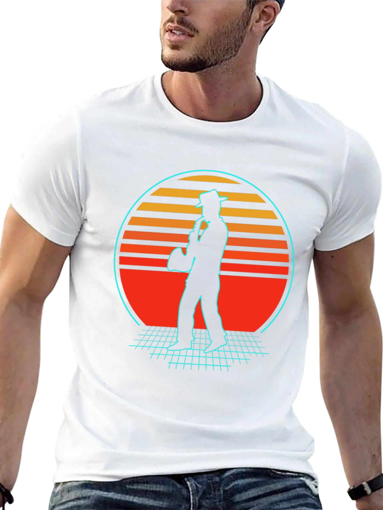 Retro Sax Player T-Shirt - Black Cotton Blend