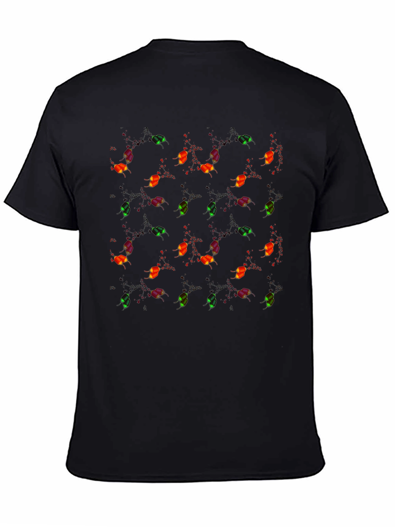Whimsical Firefly Pattern Black Crew Neck T-Shirt