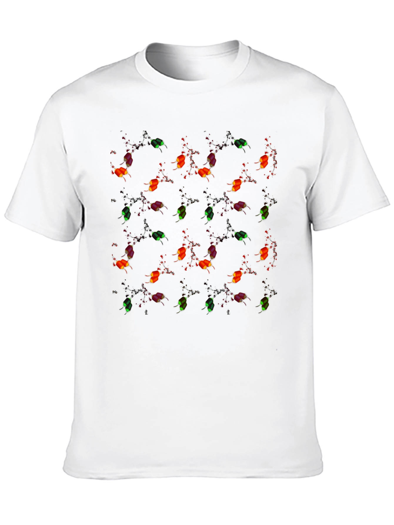 Whimsical Firefly Pattern Black Crew Neck T-Shirt