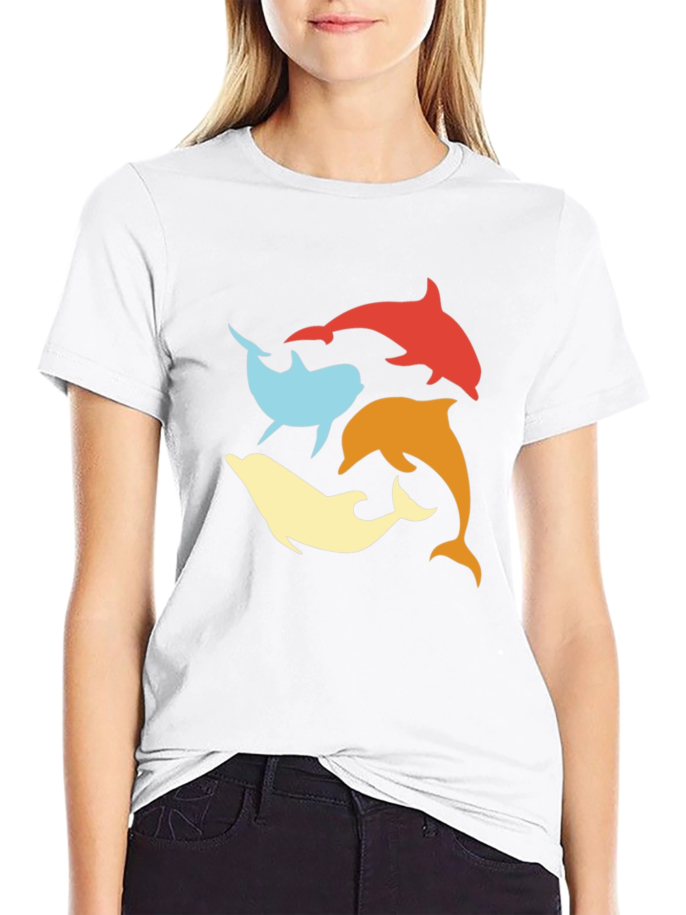 Retro Dolphin Circle Tee - Black Cotton T-Shirt