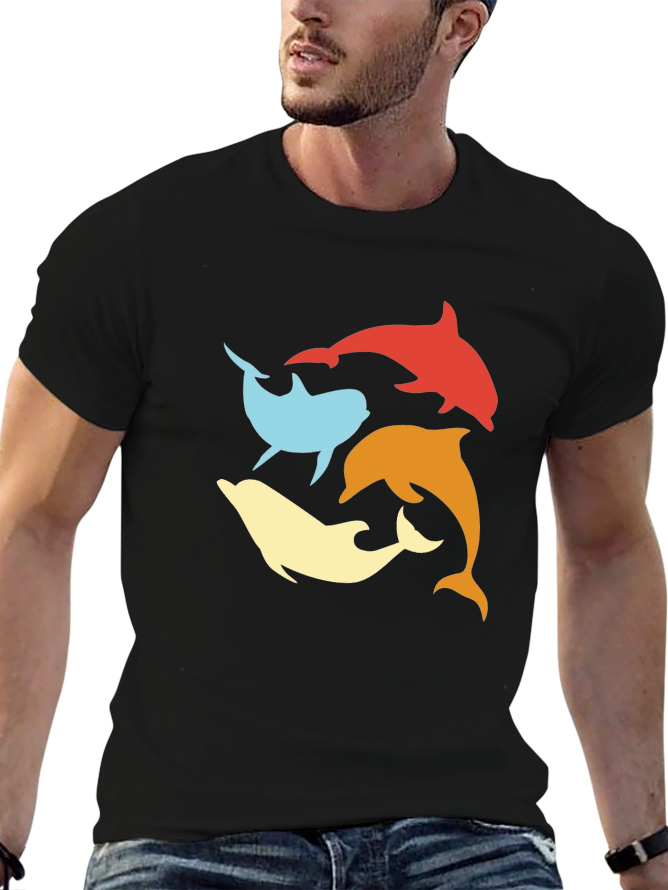 Retro Dolphin Circle Tee - Black Cotton T-Shirt