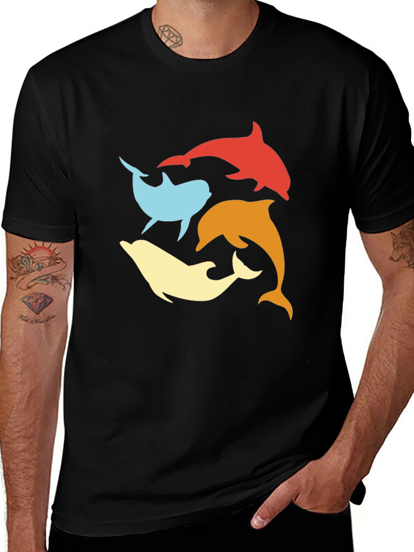 Retro Dolphin Circle Tee - Black Cotton T-Shirt