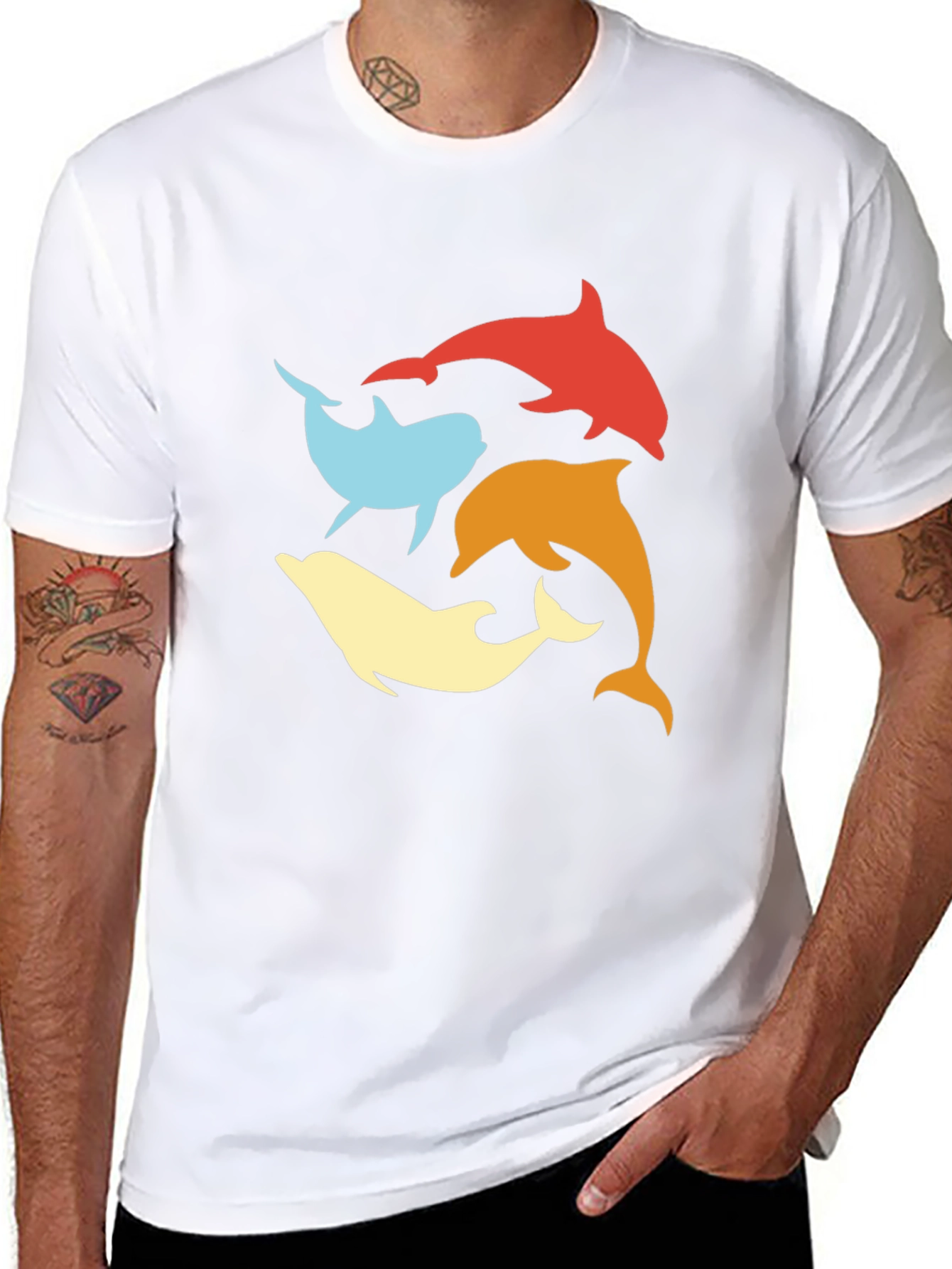 Retro Dolphin Circle Tee - Black Cotton T-Shirt