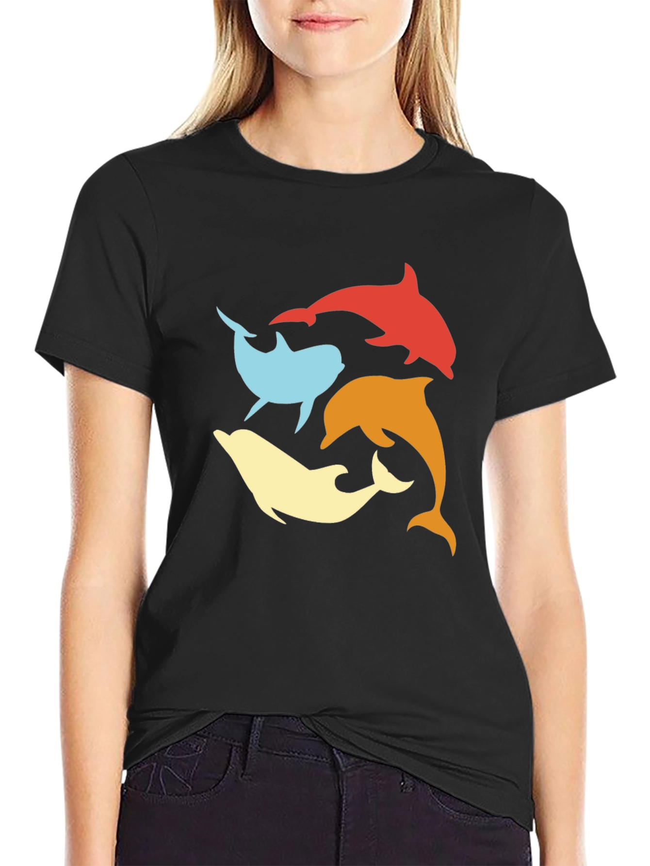 Retro Dolphin Circle Tee - Black Cotton T-Shirt