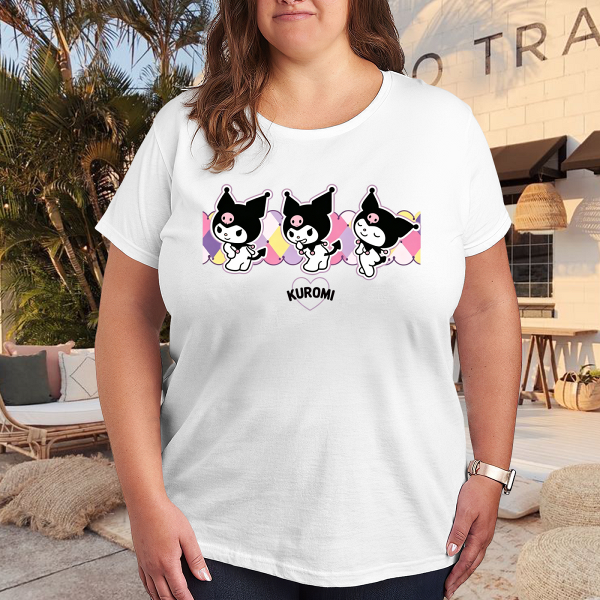 Cute Triple Kuromi Character Group Plus Size Women Fashion Tee