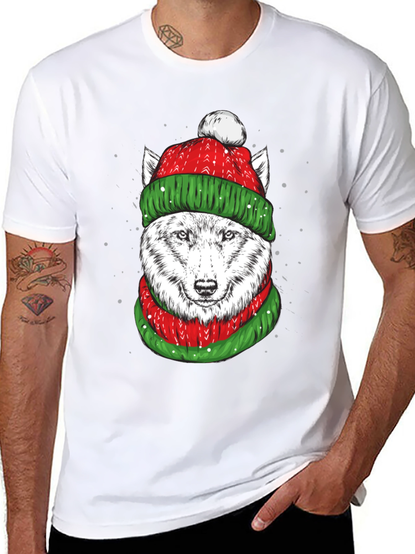 Festive Wolf Graphic Tee - Holiday Apparel