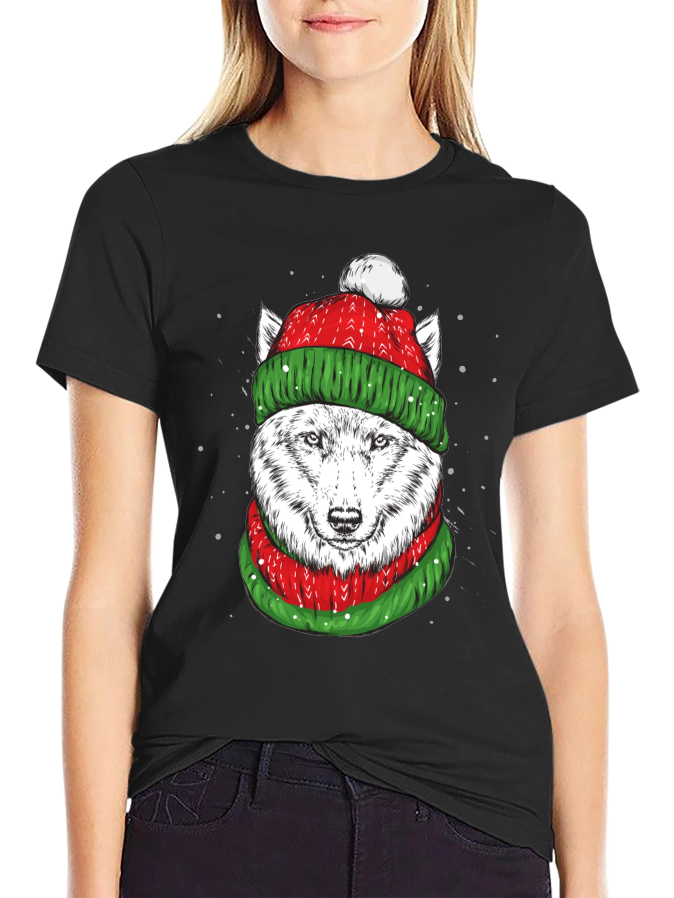 Festive Wolf Graphic Tee - Holiday Apparel