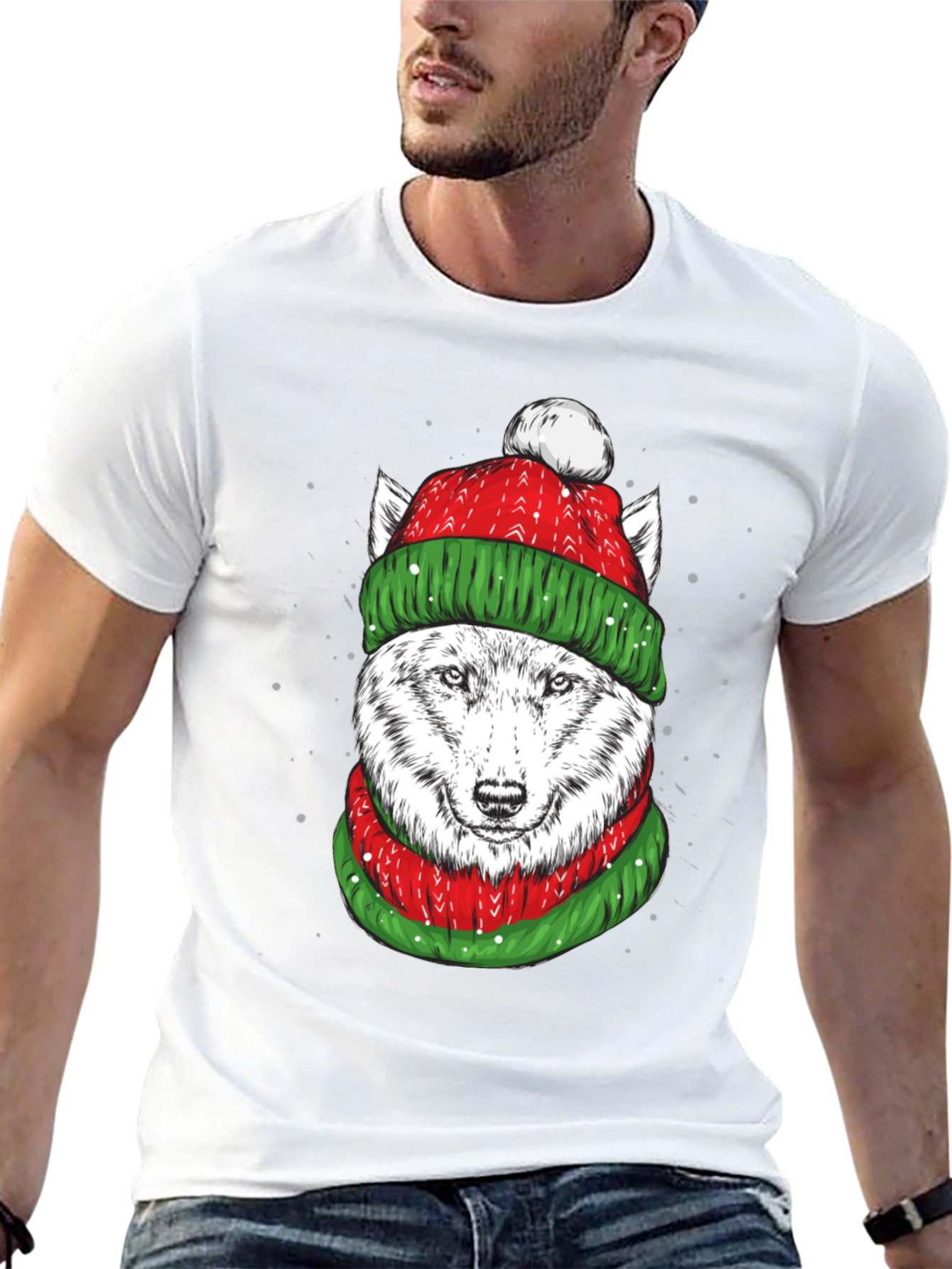 Festive Wolf Graphic Tee - Holiday Apparel