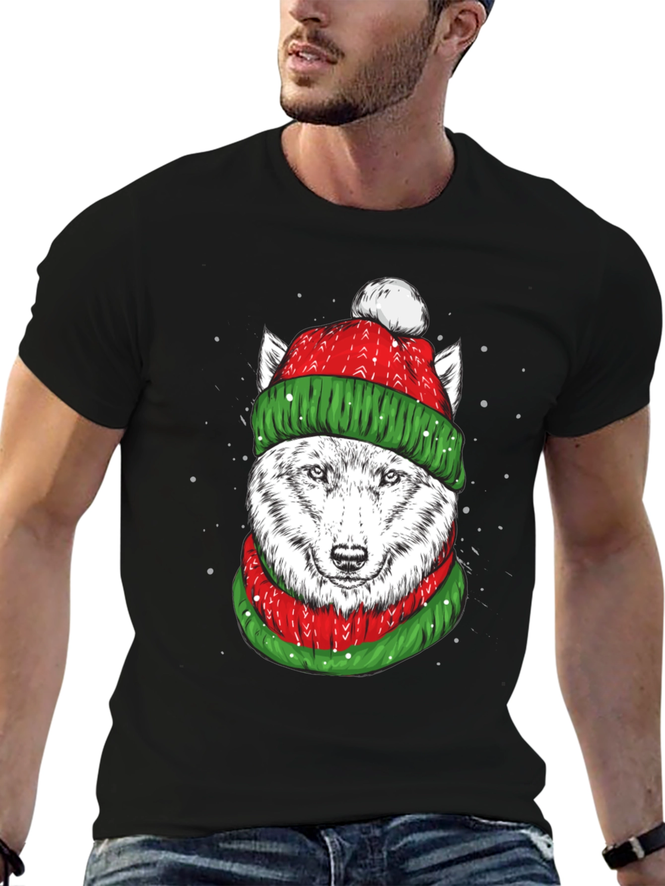Festive Wolf Graphic Tee - Holiday Apparel