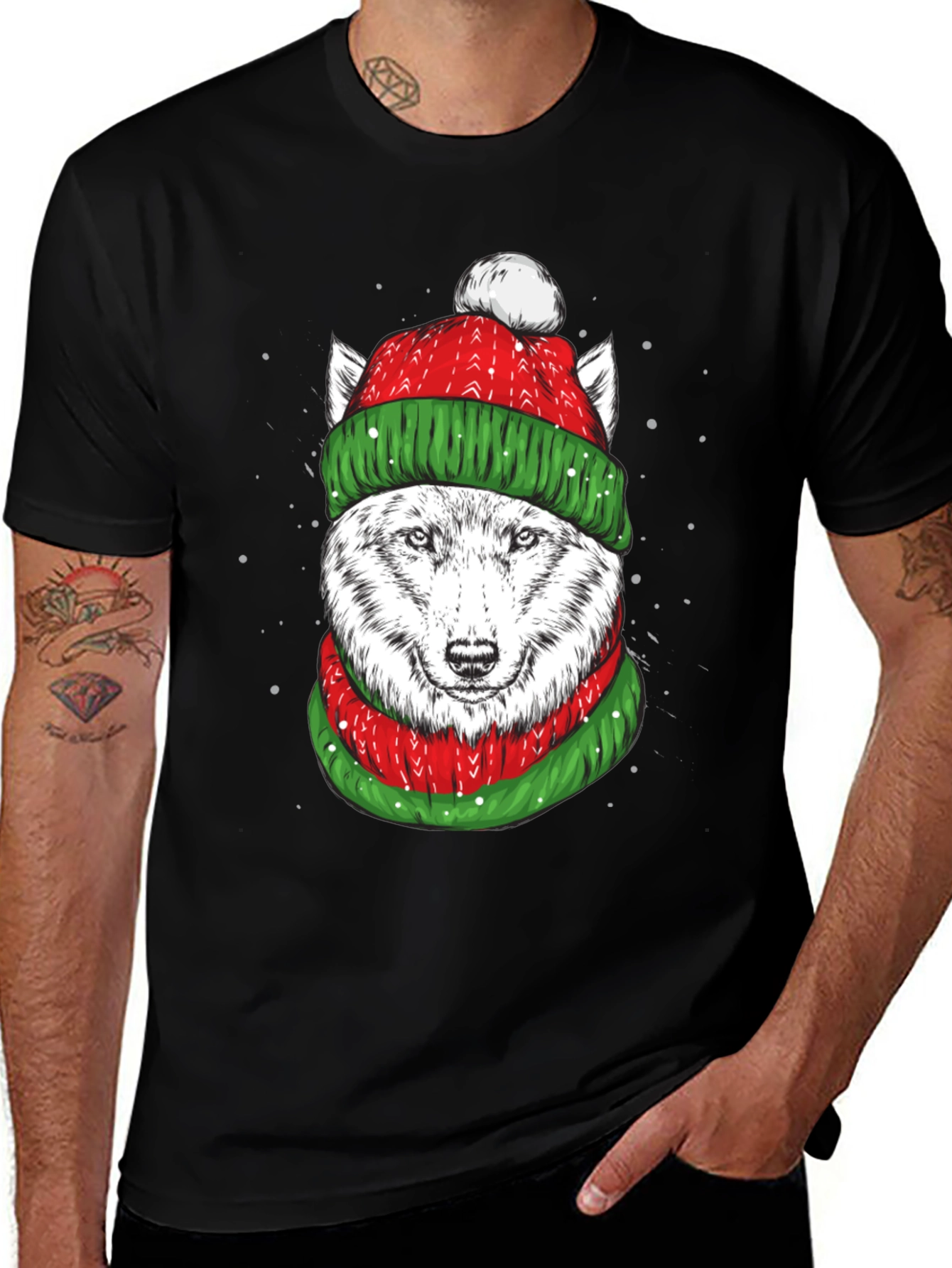 Festive Wolf Graphic Tee - Holiday Apparel