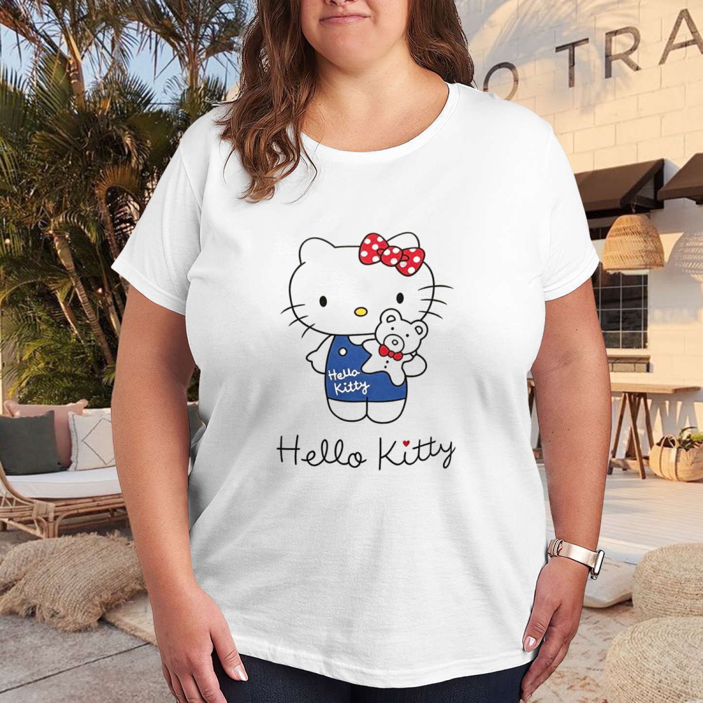 Teddy?Bear Hug Hello Kitty Adorable Plus?Size Ladies Graphic T?Shirt