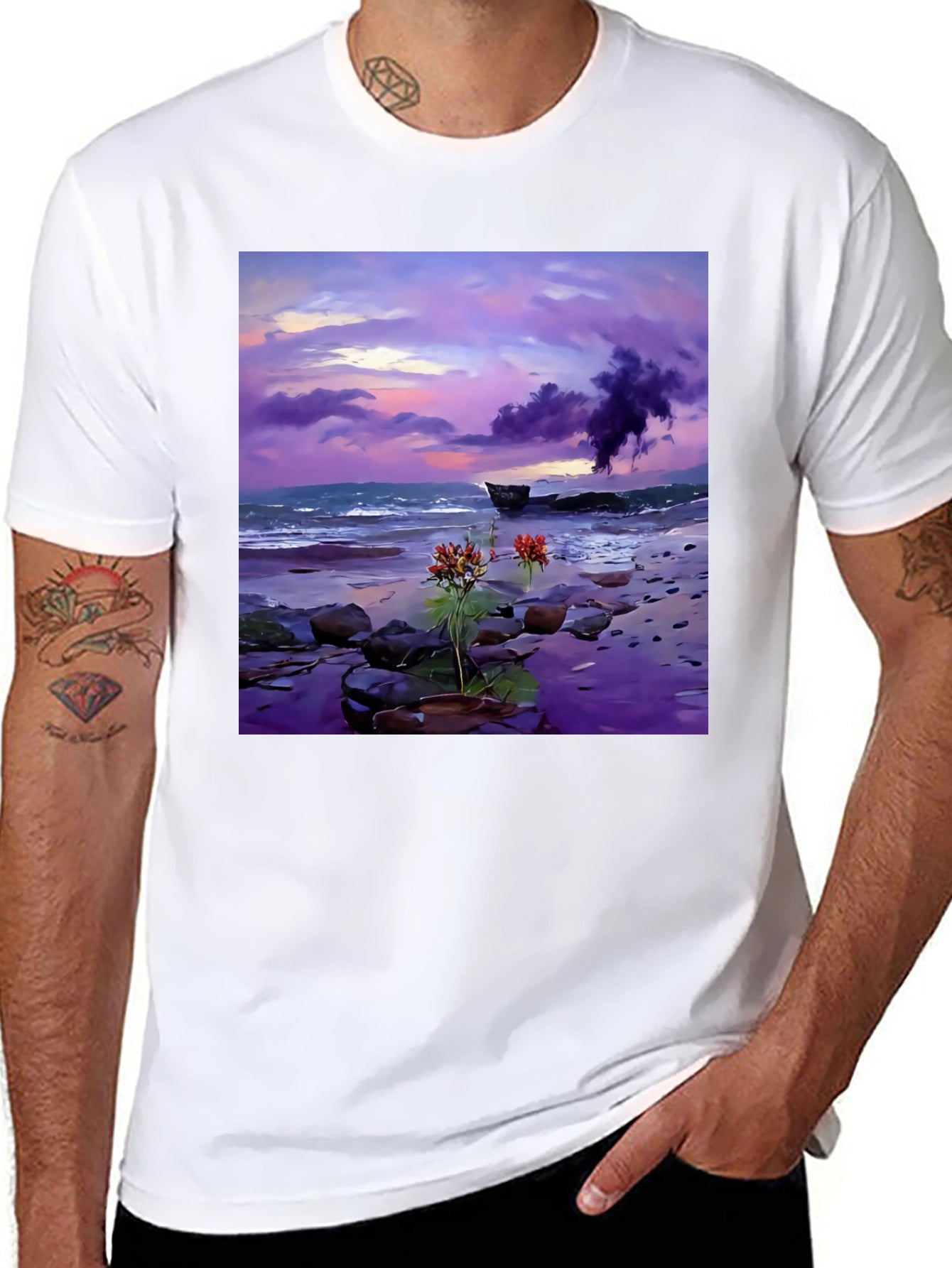 Coastal Sunset Tee: Artistic Beach Scene Black T-Shirt