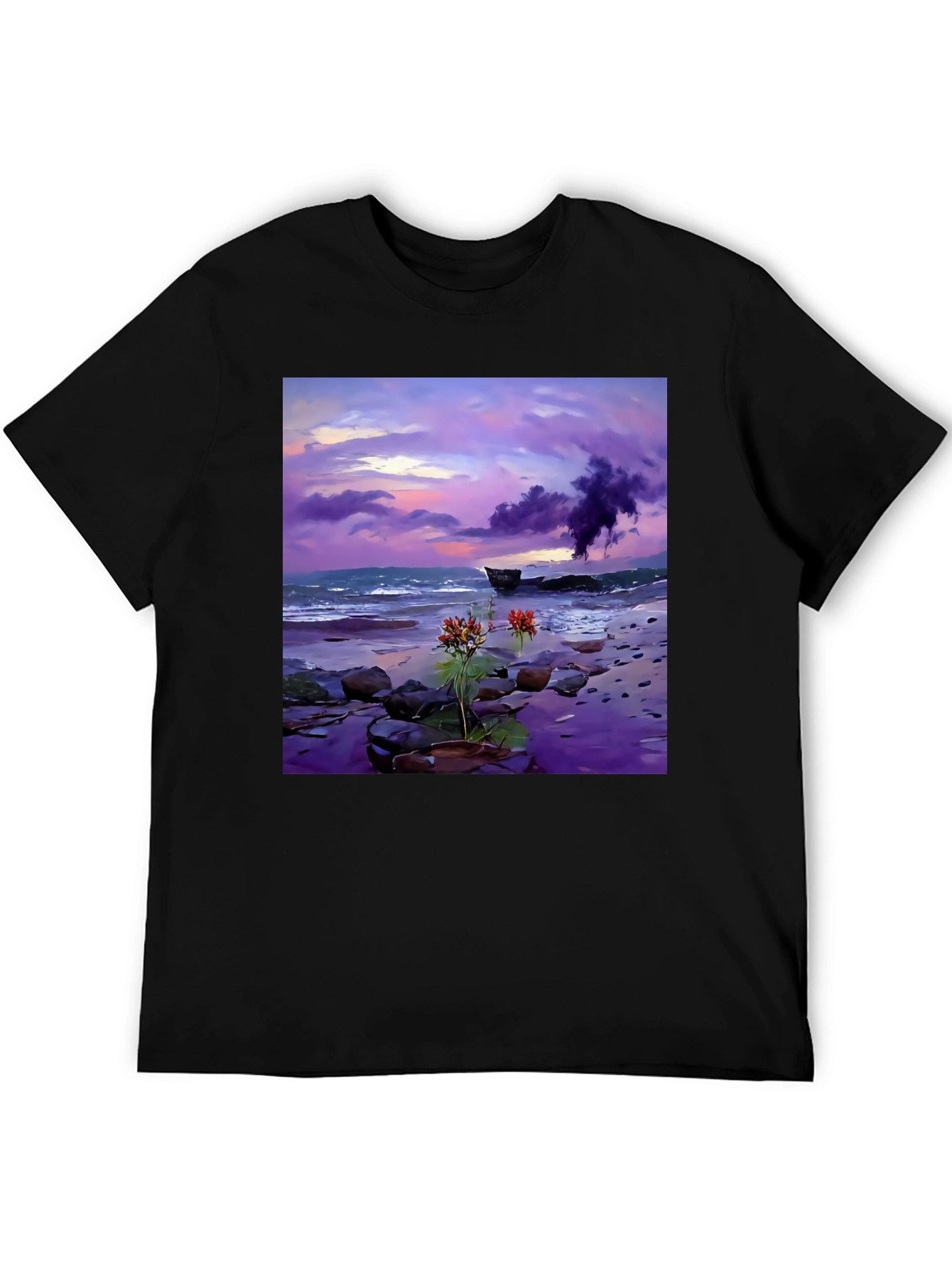 Coastal Sunset Tee: Artistic Beach Scene Black T-Shirt