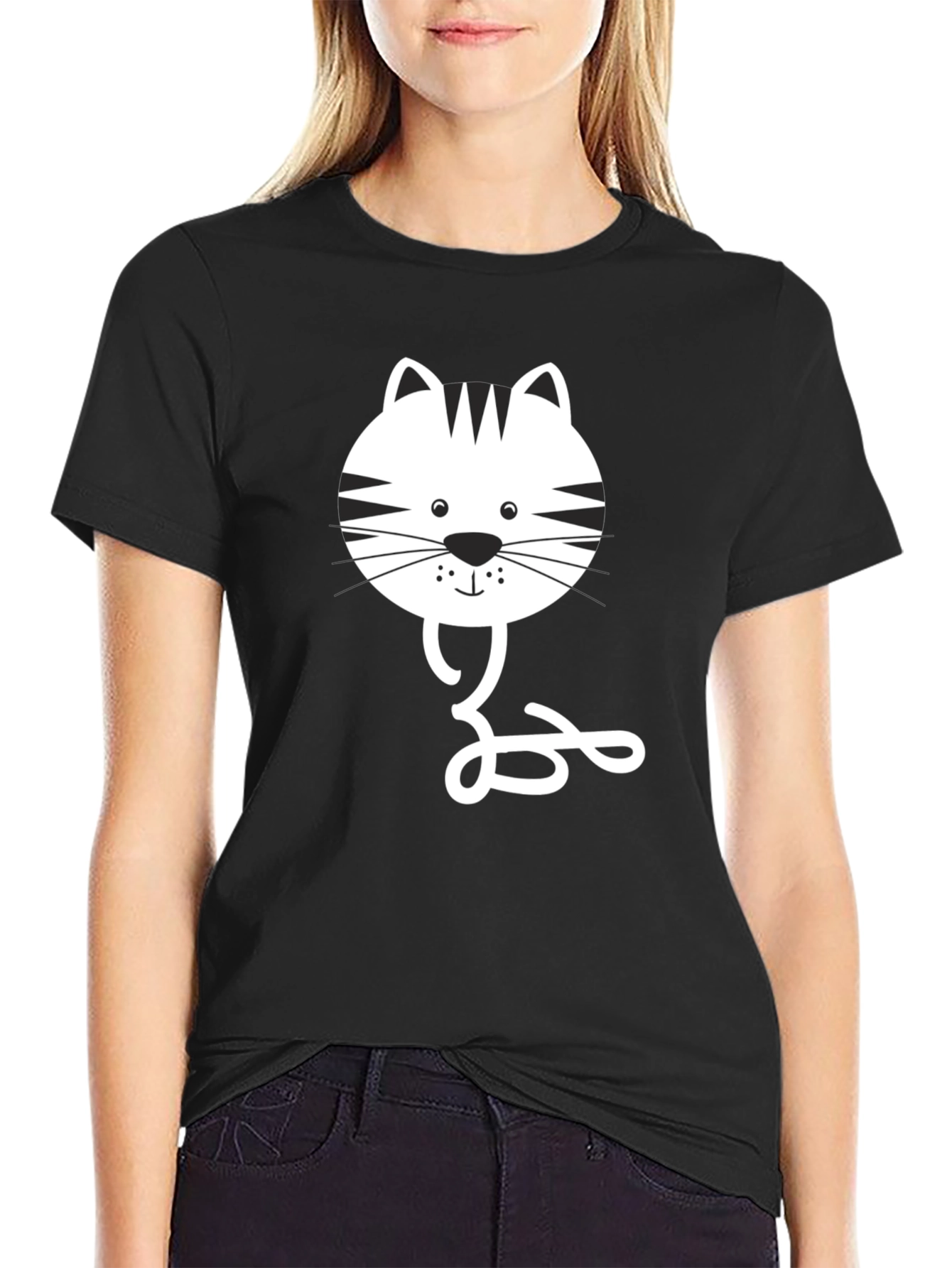 Black Cat Face Graphic Tee - Casual Style