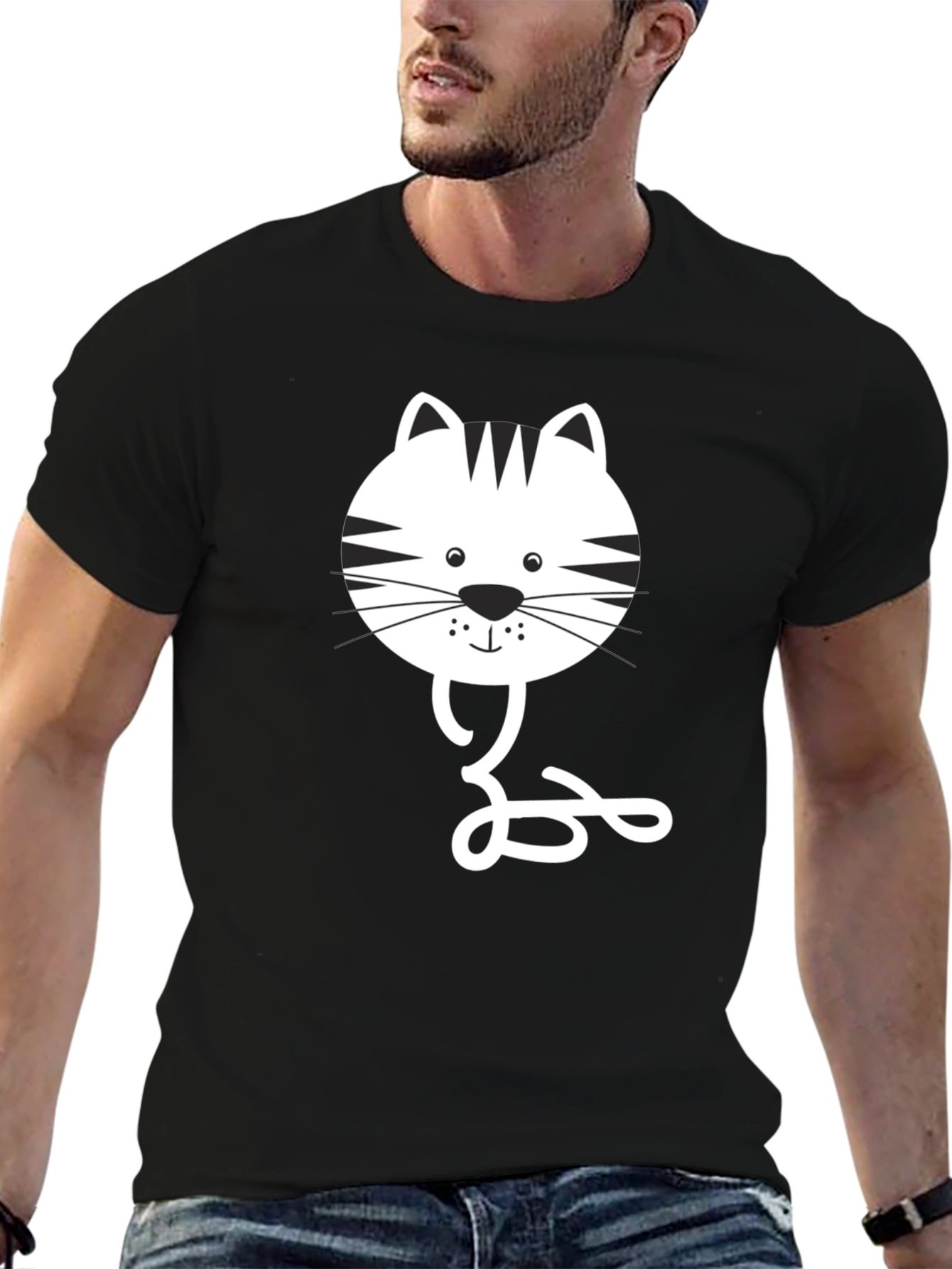 Black Cat Face Graphic Tee - Casual Style