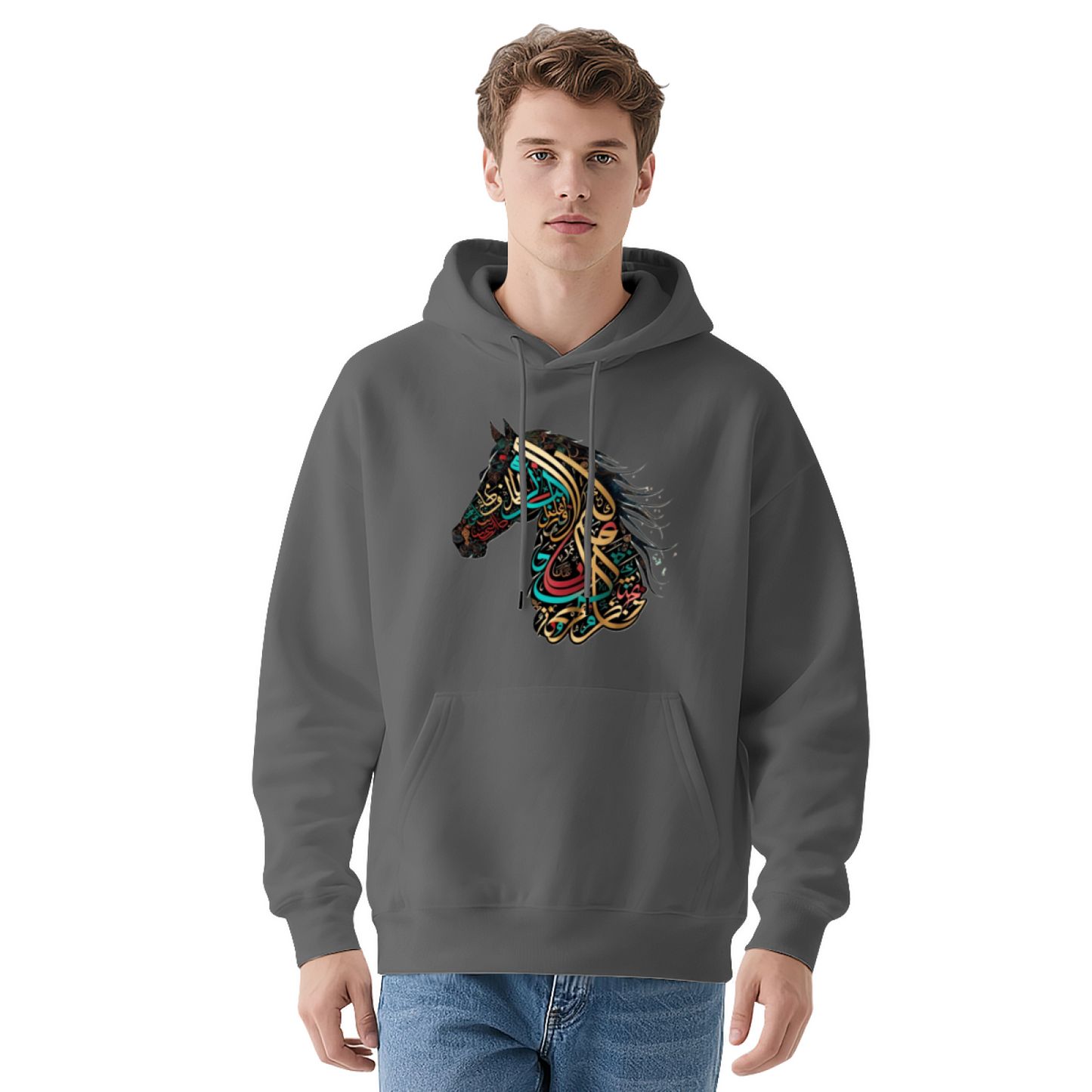 Colorful Arabic Calligraphy Horse Graphic Grey Hoodie, Unisex Soft Casual Daily Wear