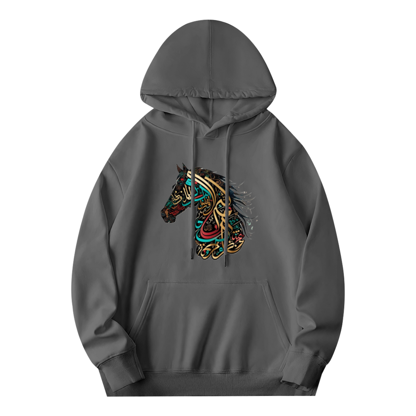 Colorful Arabic Calligraphy Horse Graphic Grey Hoodie, Unisex Soft Casual Daily Wear