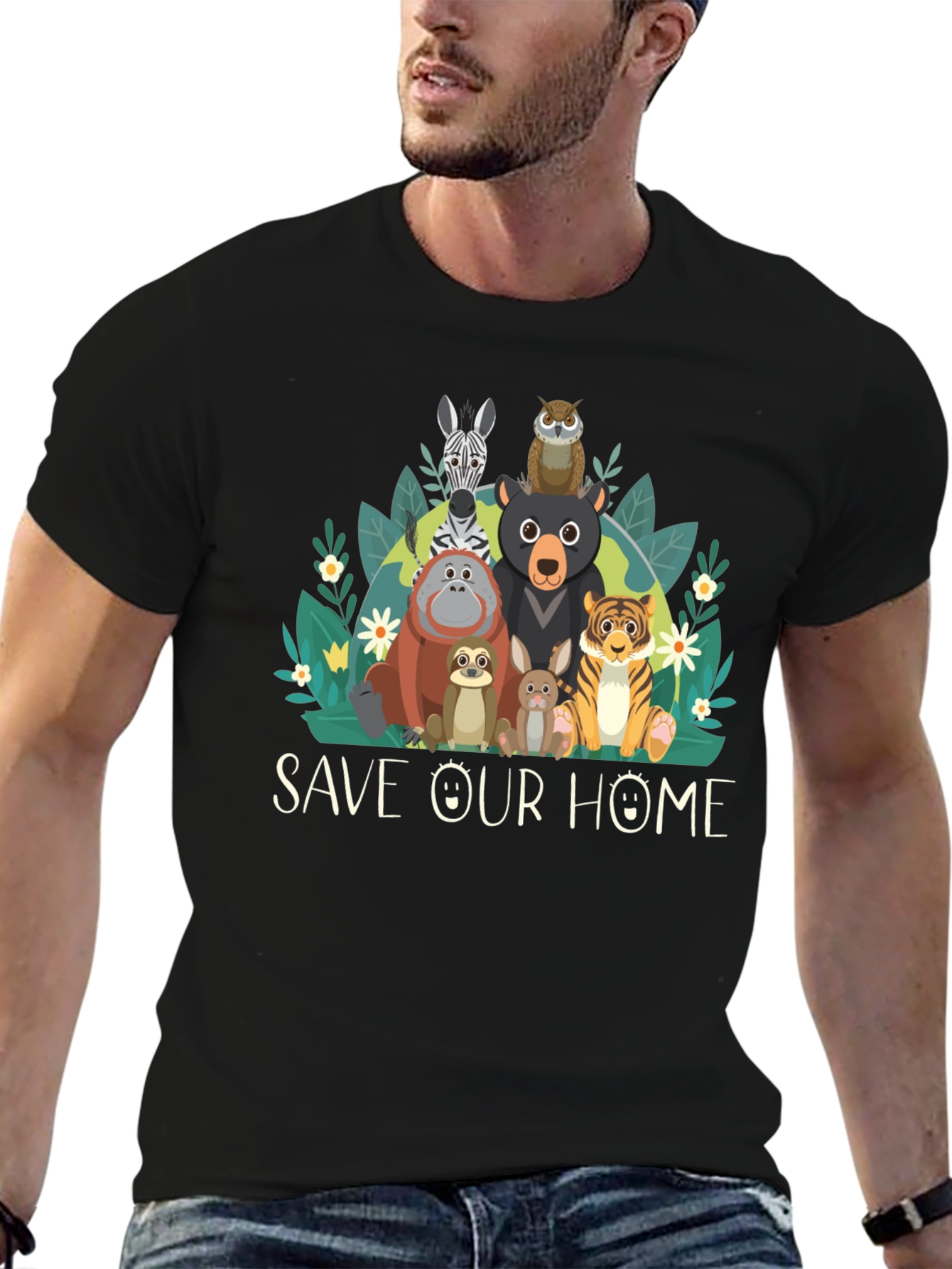 Save Our Home Animal Graphic Black T-Shirt