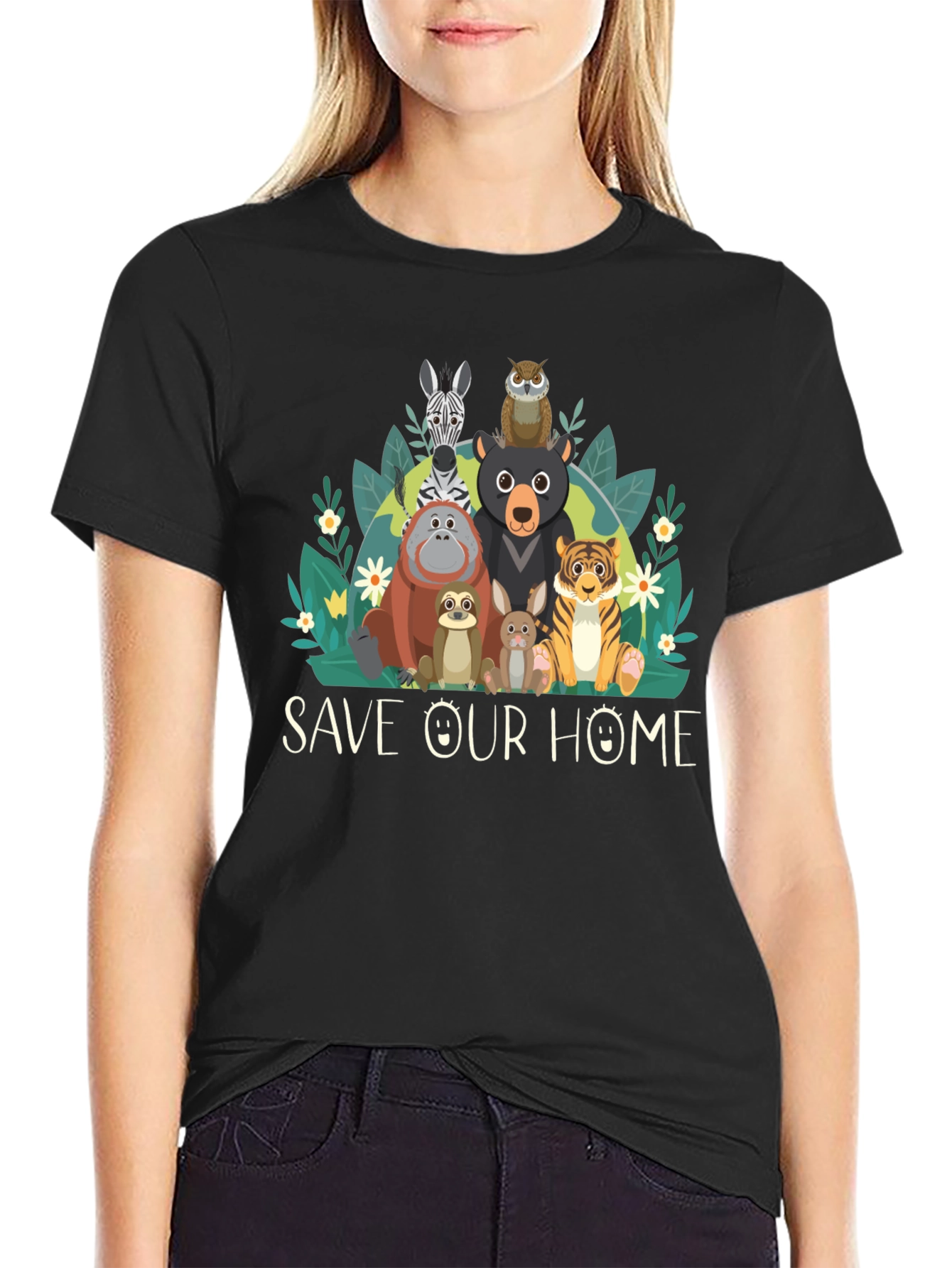 Save Our Home Animal Graphic Black T-Shirt