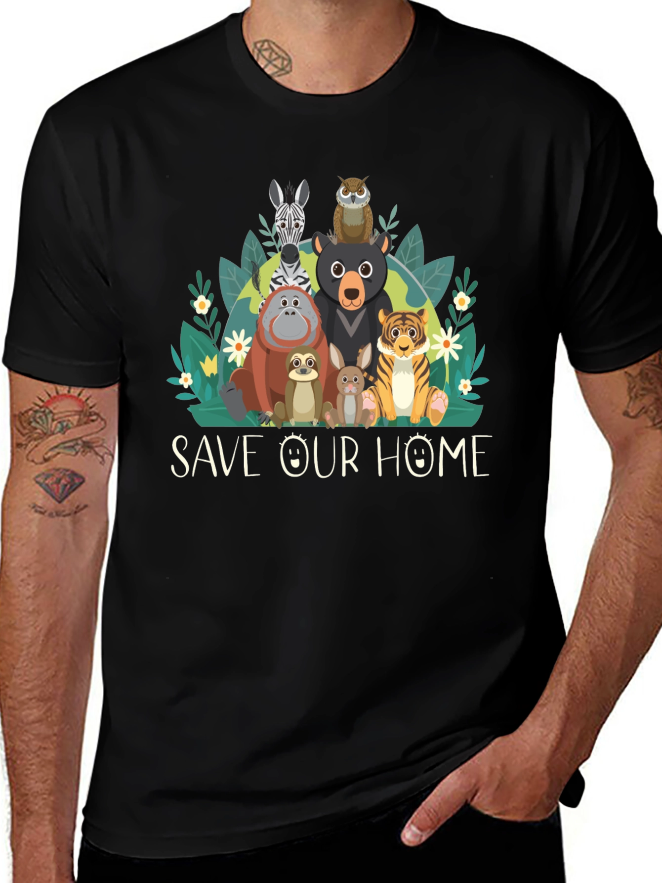 Save Our Home Animal Graphic Black T-Shirt
