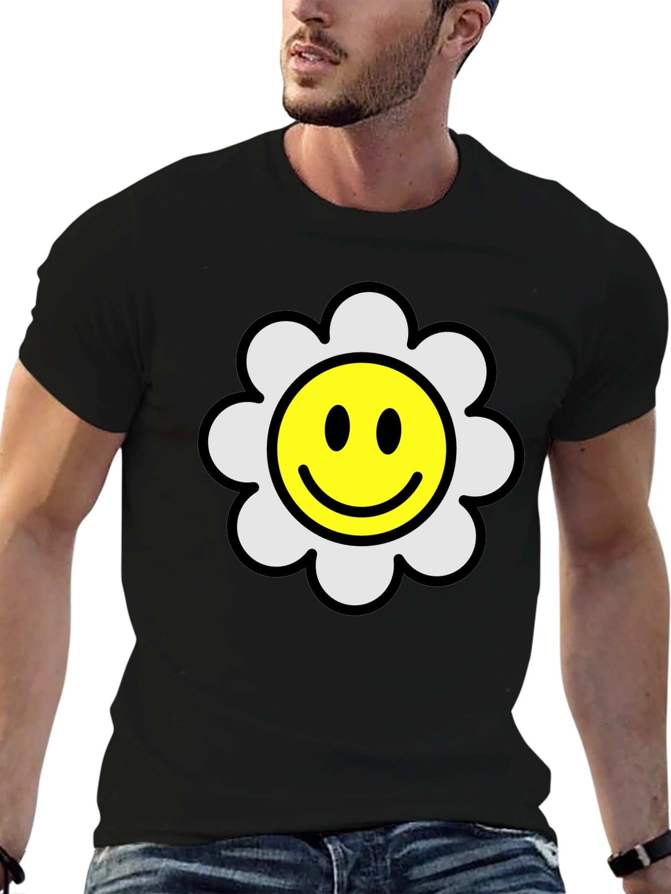 Smiley Flower Black T-Shirt