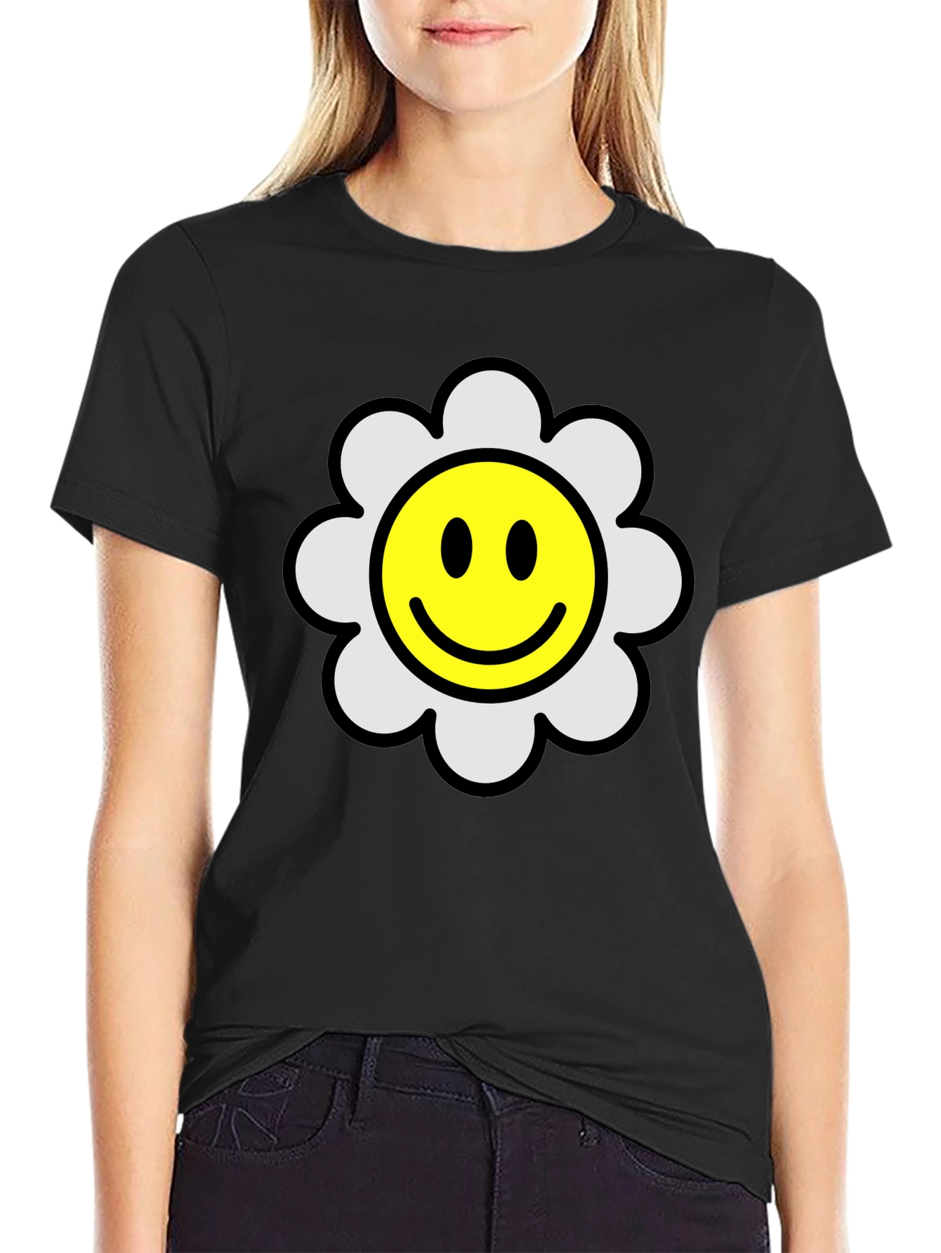 Smiley Flower Black T-Shirt