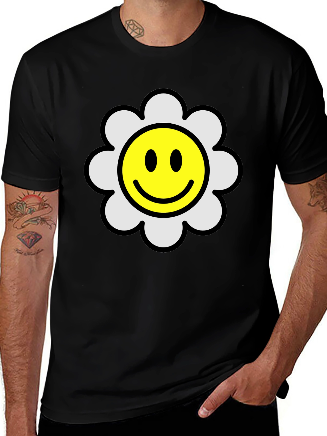 Smiley Flower Black T-Shirt