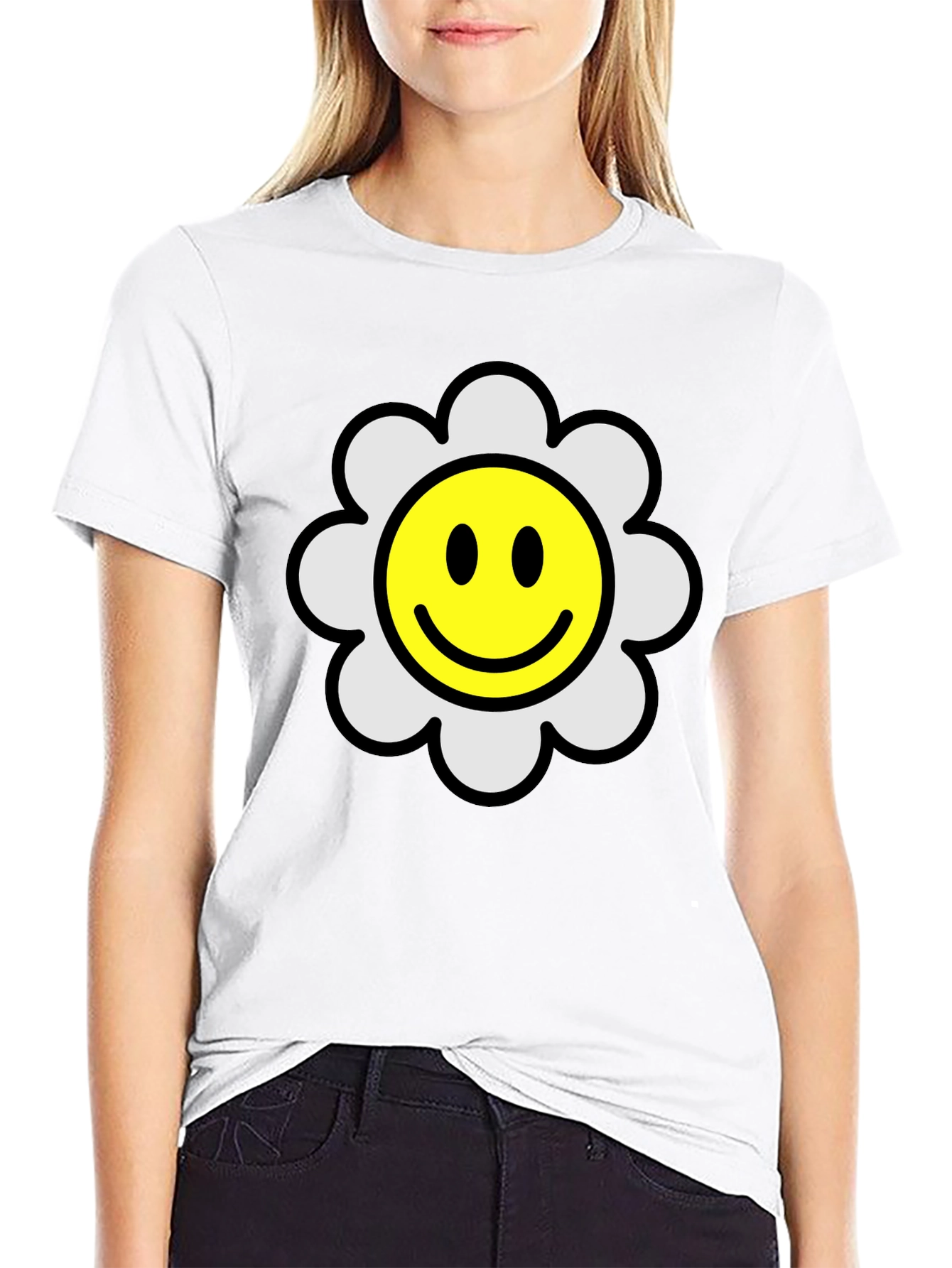 Smiley Flower Black T-Shirt