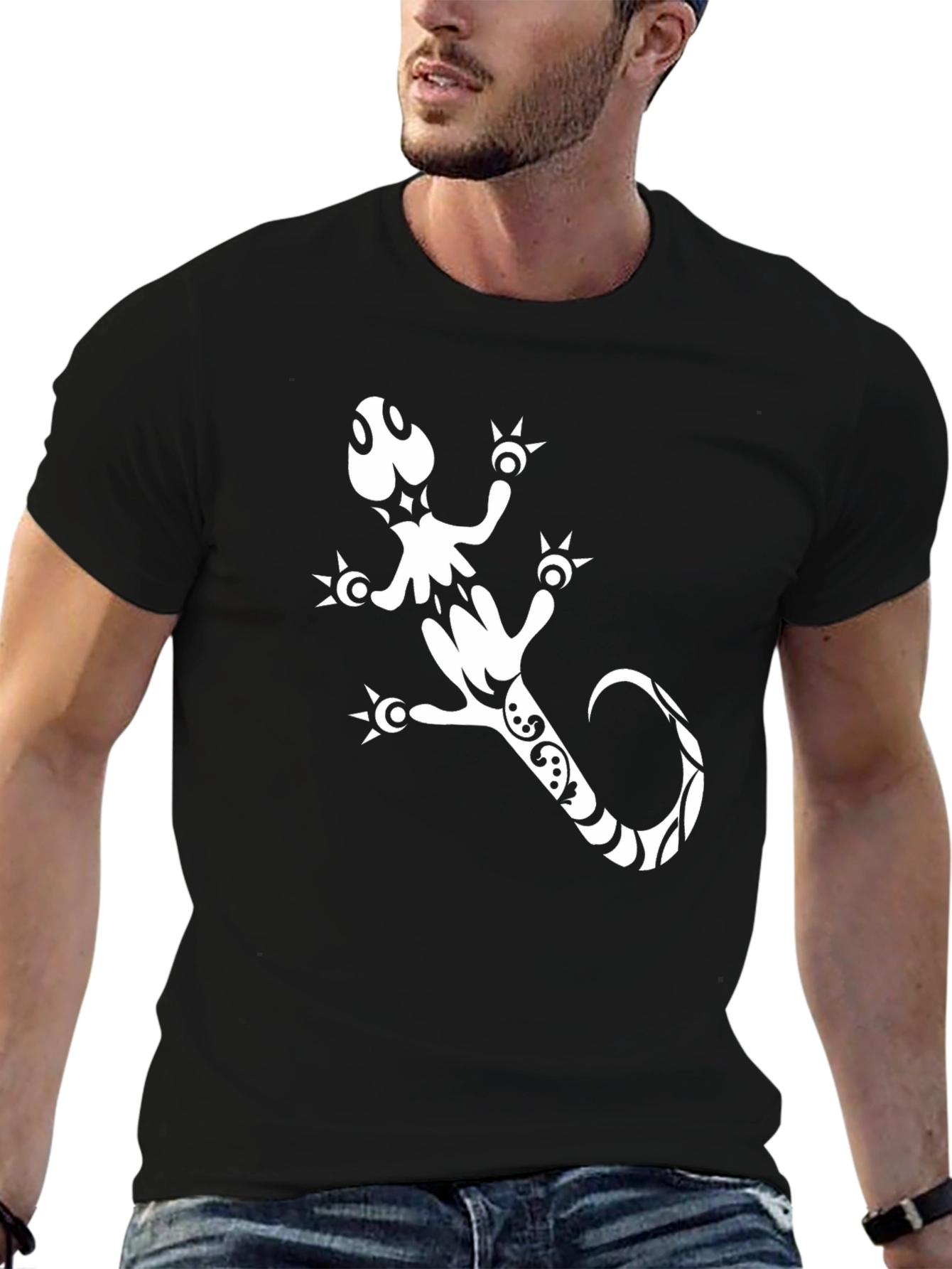 Black Gecko Graphic Tee - Cool Tribal Lizard Design
