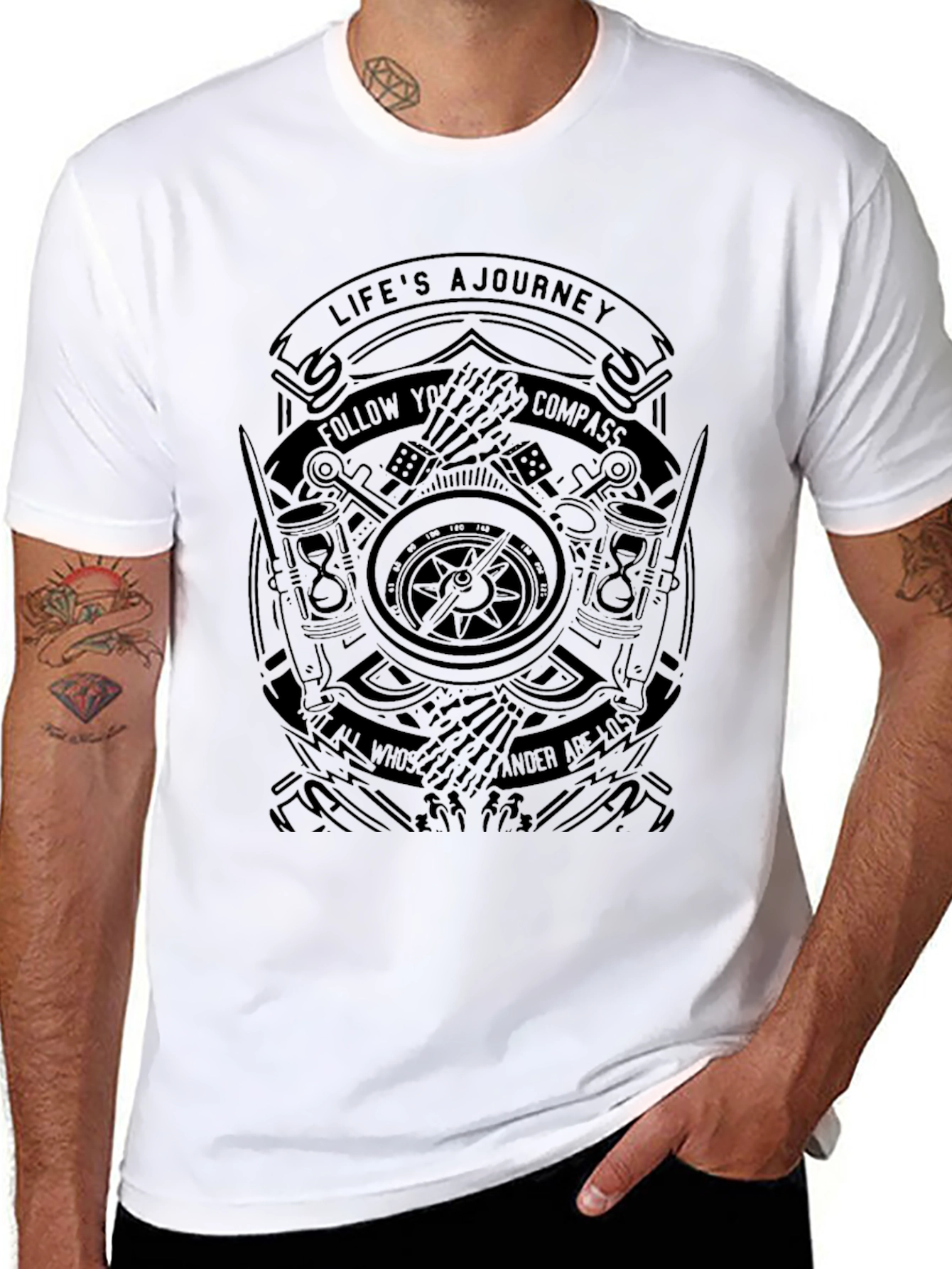 Mens Black Journey Compass Graphic T-Shirt