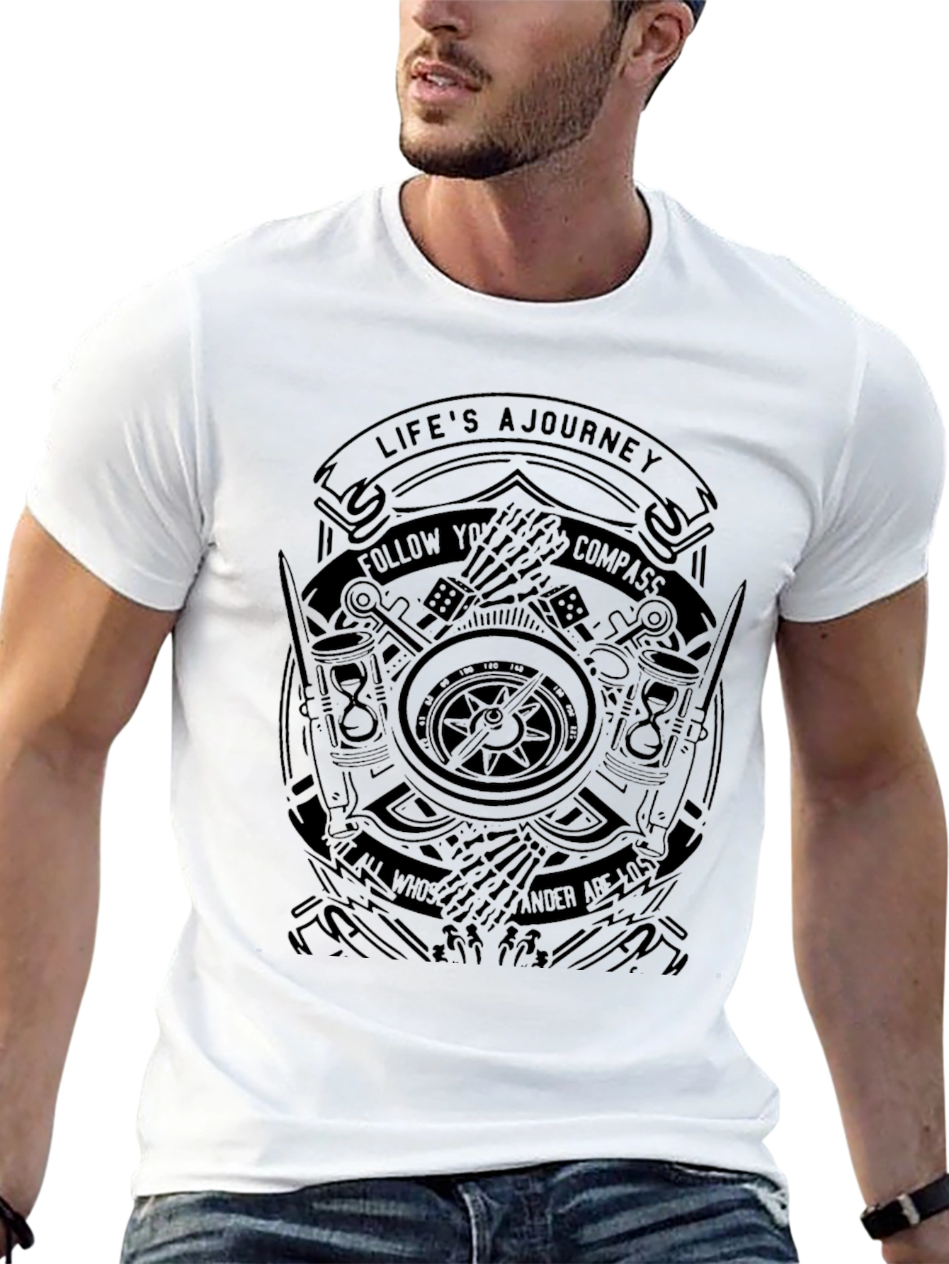 Mens Black Journey Compass Graphic T-Shirt