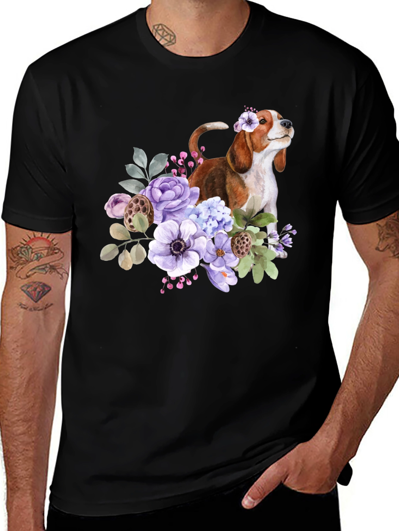 Floral Beagle Dog Graphic T-Shirt