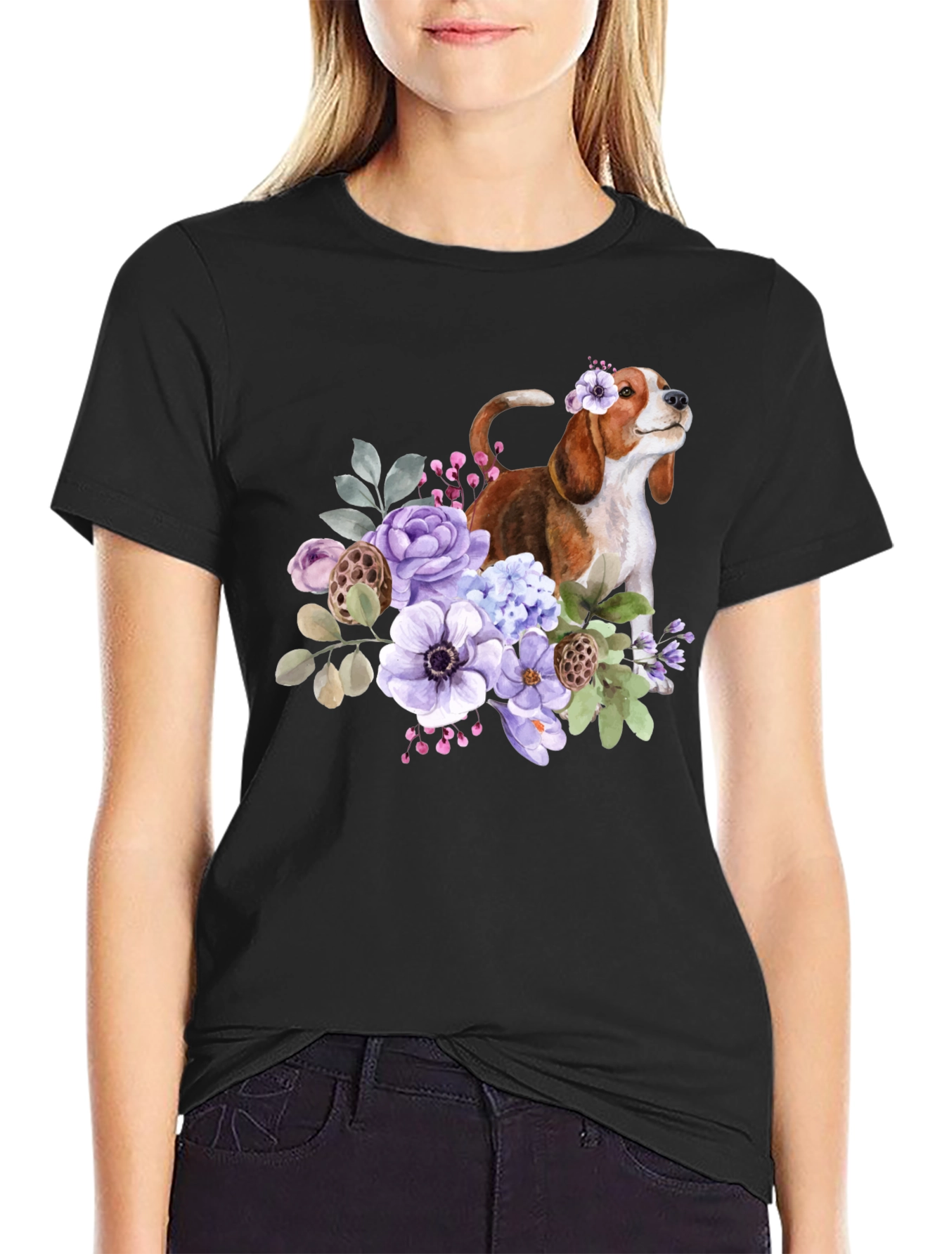Floral Beagle Dog Graphic T-Shirt