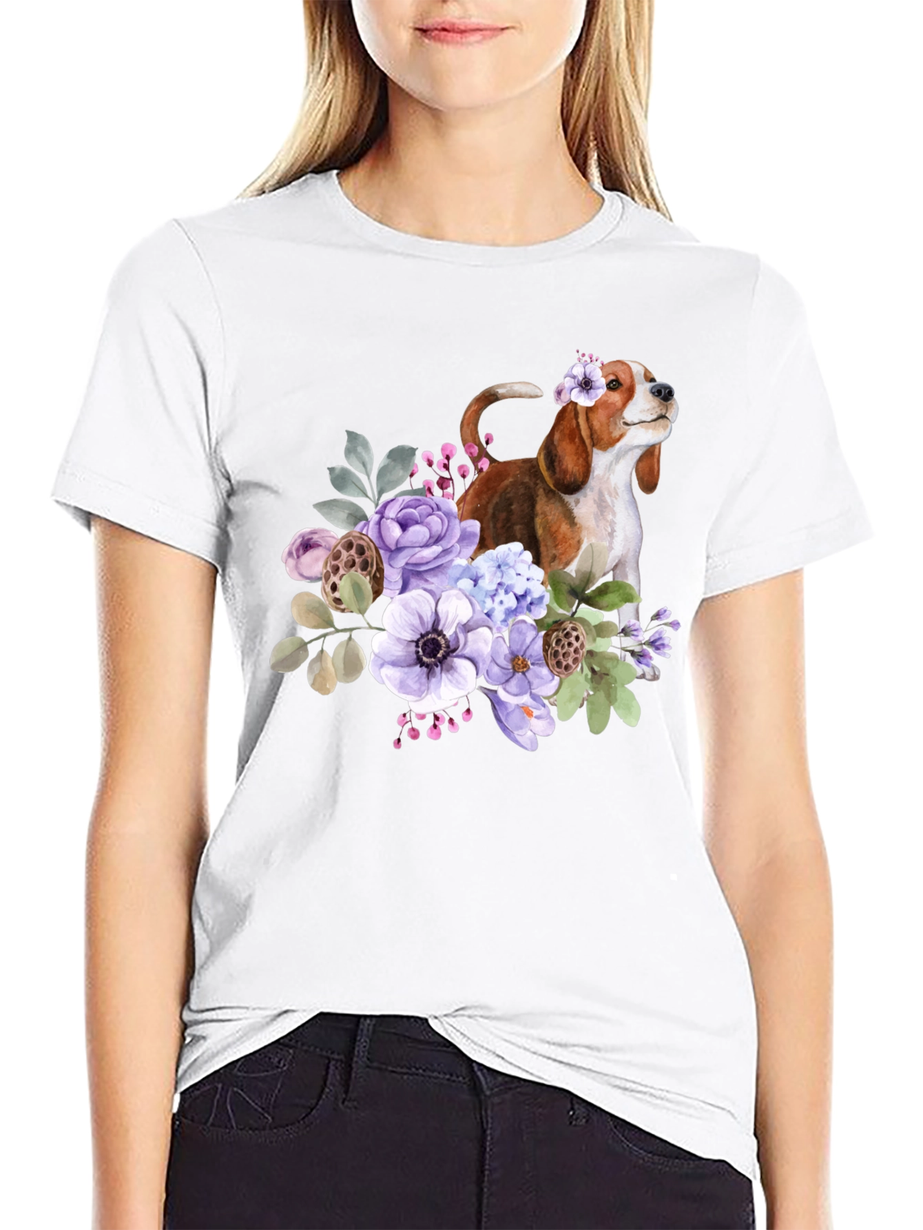 Floral Beagle Dog Graphic T-Shirt