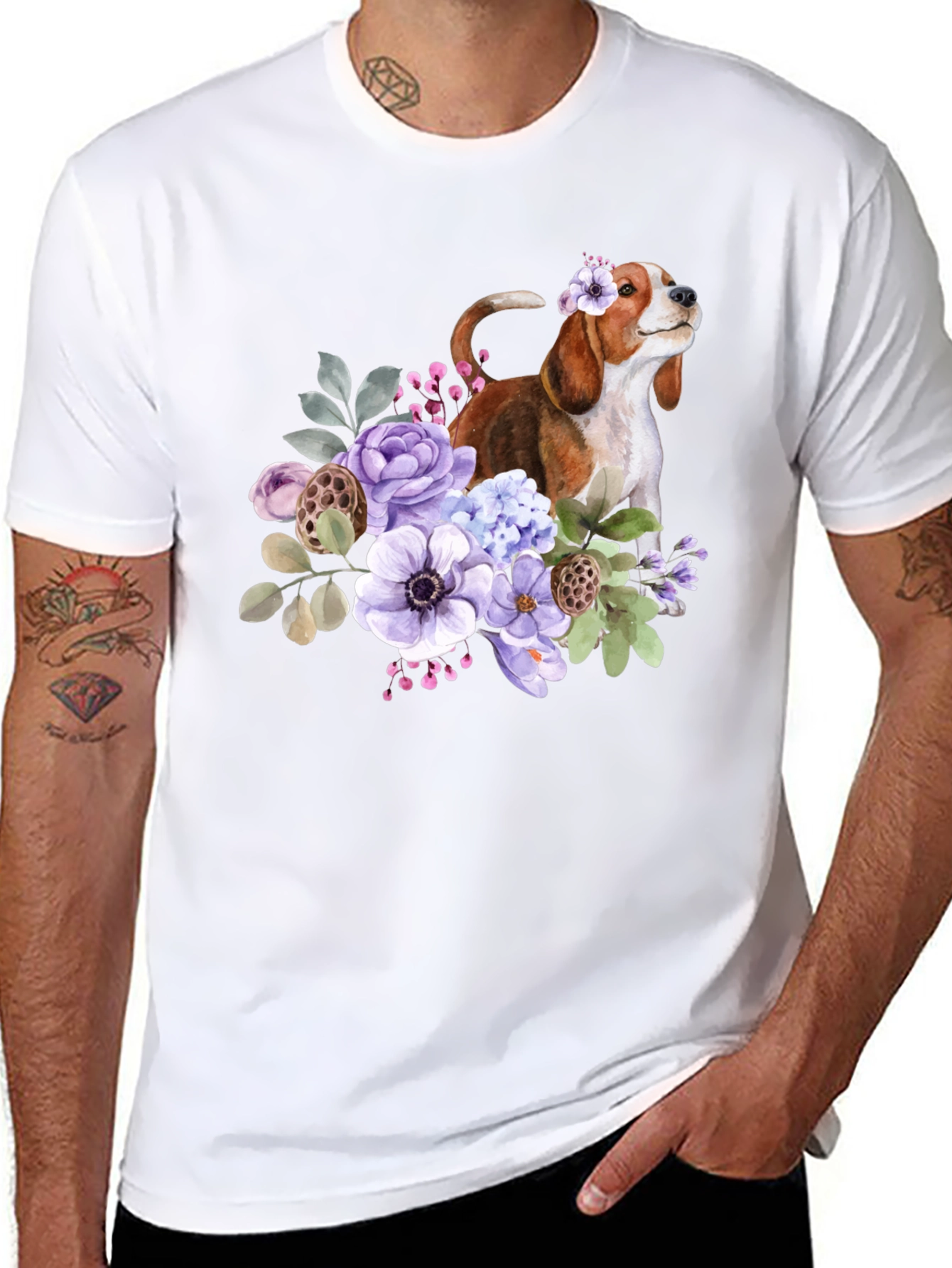 Floral Beagle Dog Graphic T-Shirt