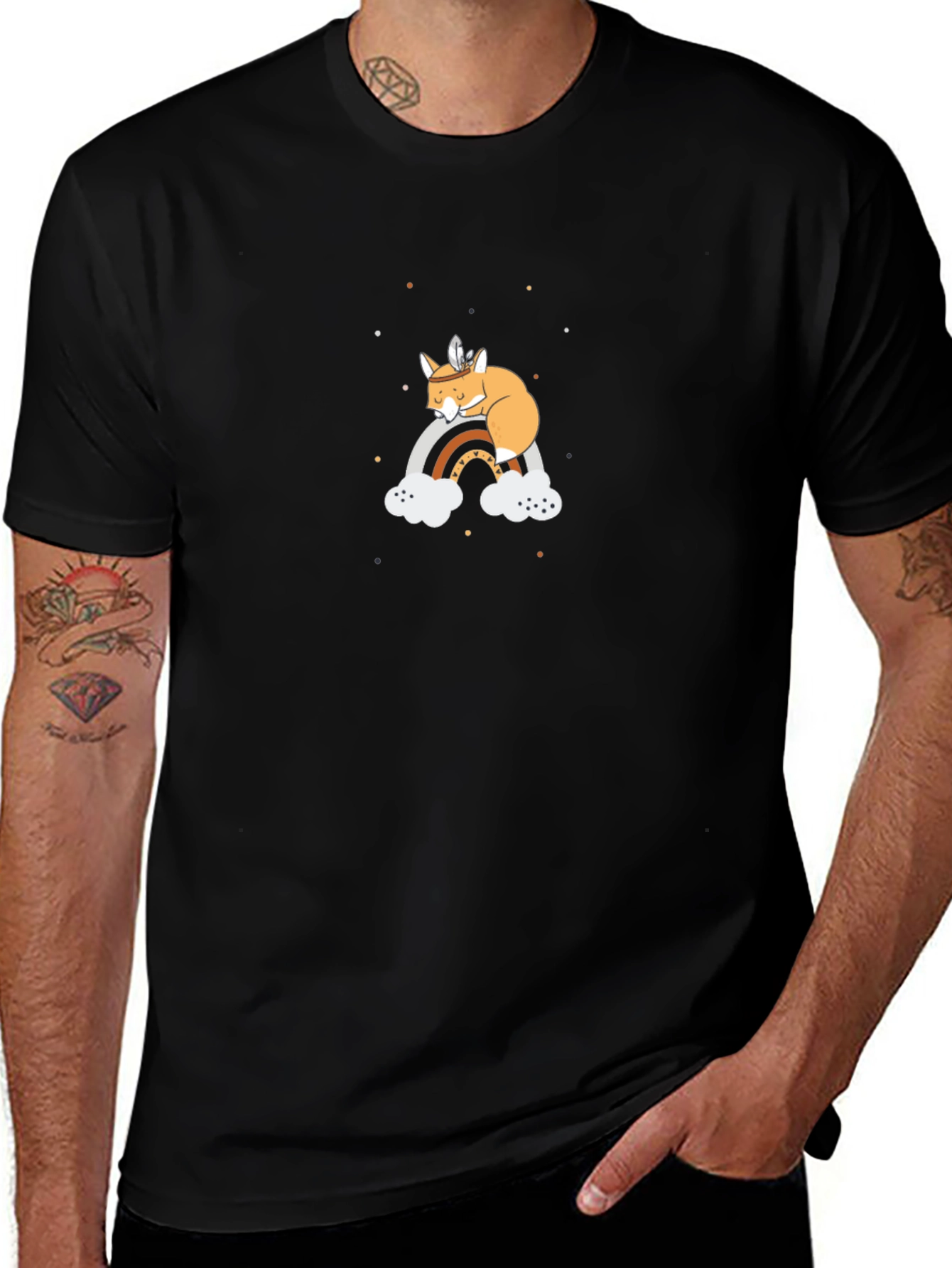 Dreamy Fox on Rainbow Black T-Shirt