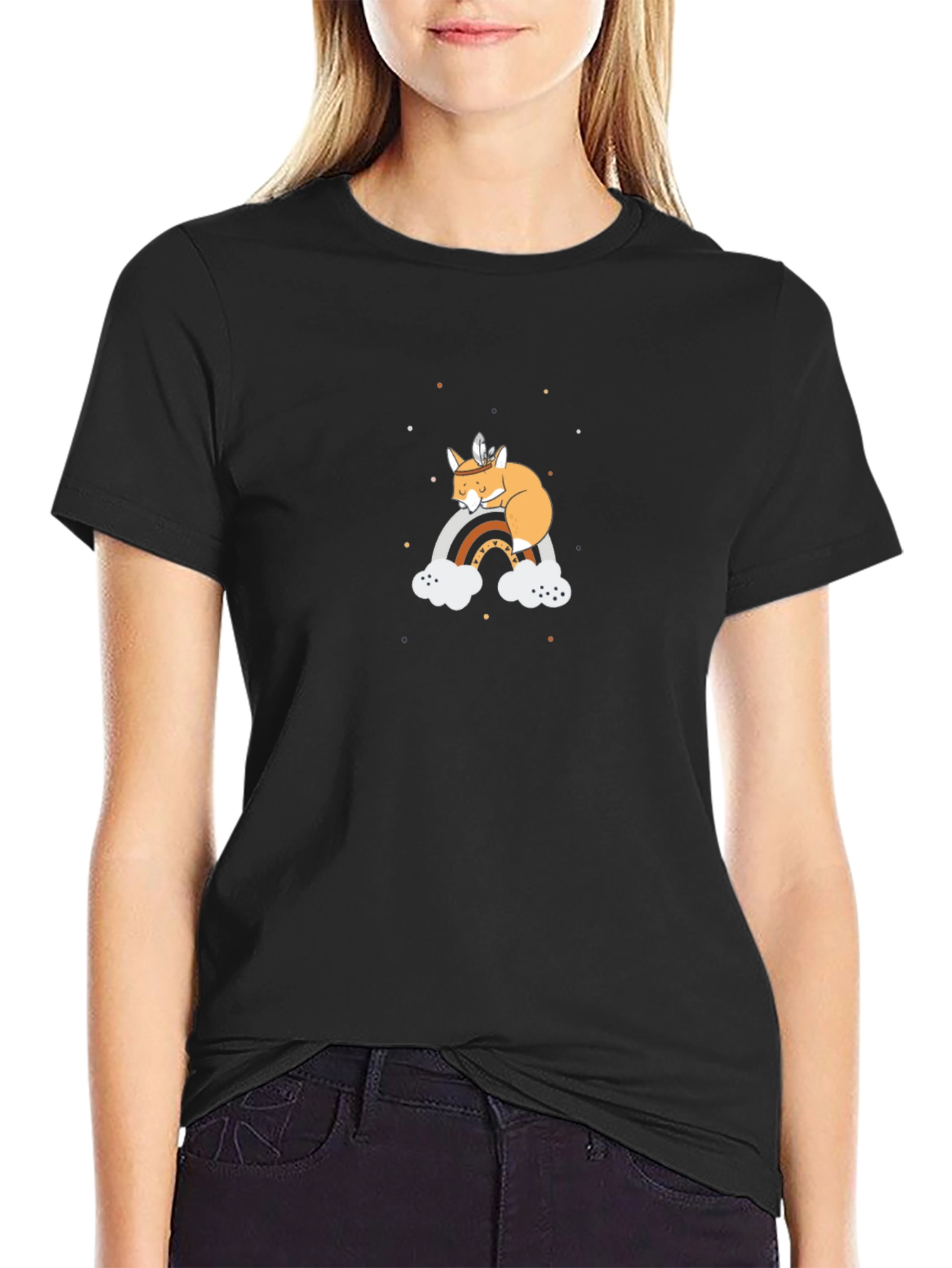Dreamy Fox on Rainbow Black T-Shirt