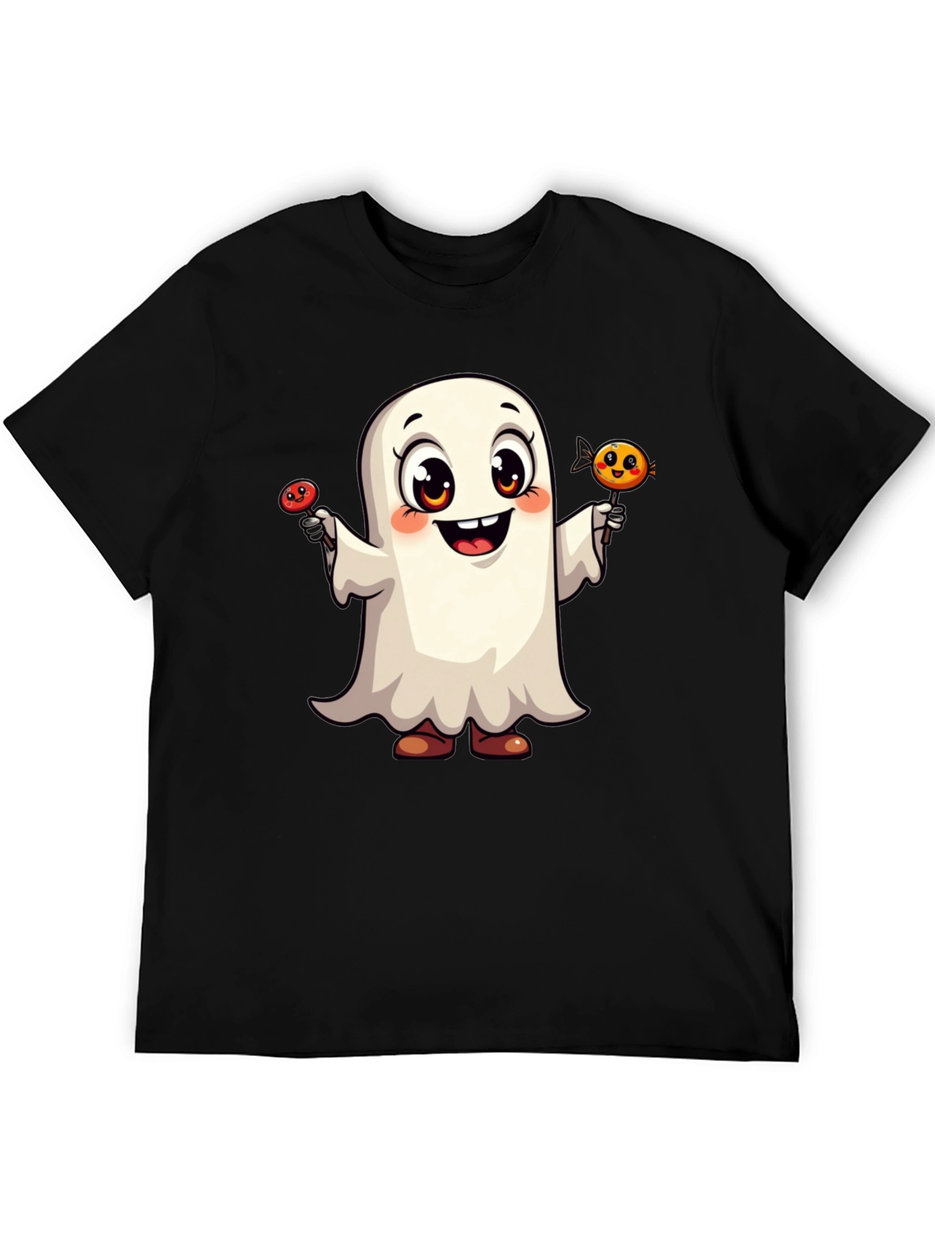 Cute Ghost with Candy Halloween Black T-Shirt