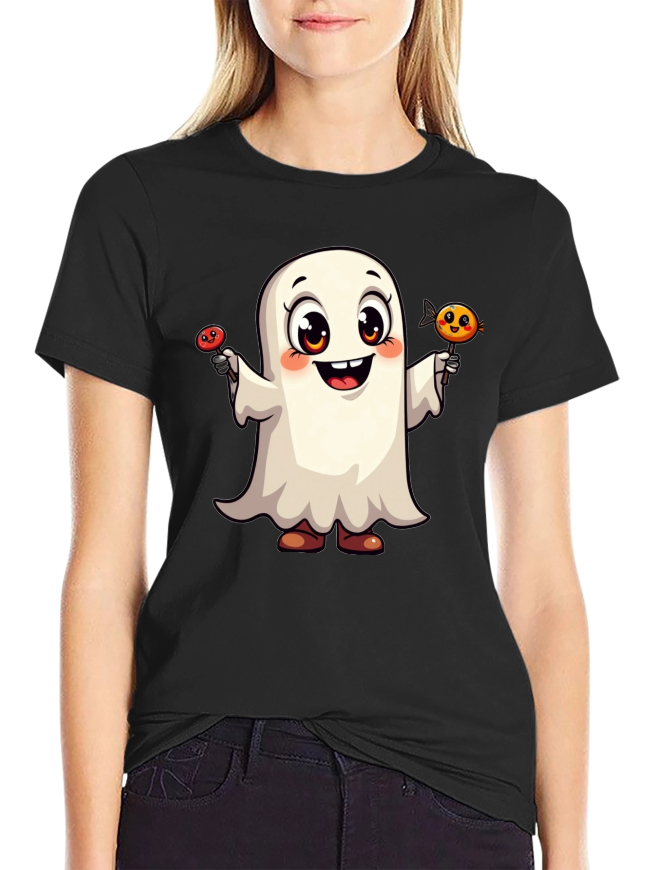 Cute Ghost with Candy Halloween Black T-Shirt